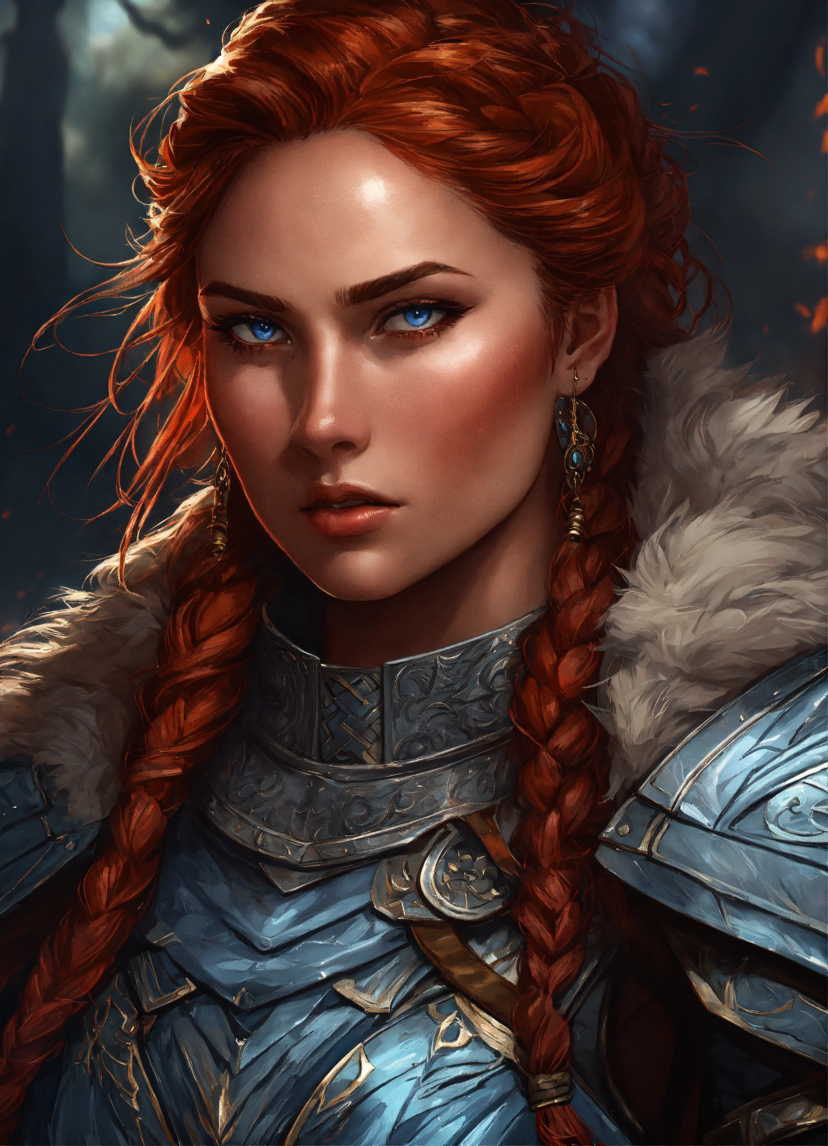 Lexica - A close up of an red haired female wearing wolf pelt shoulder ...