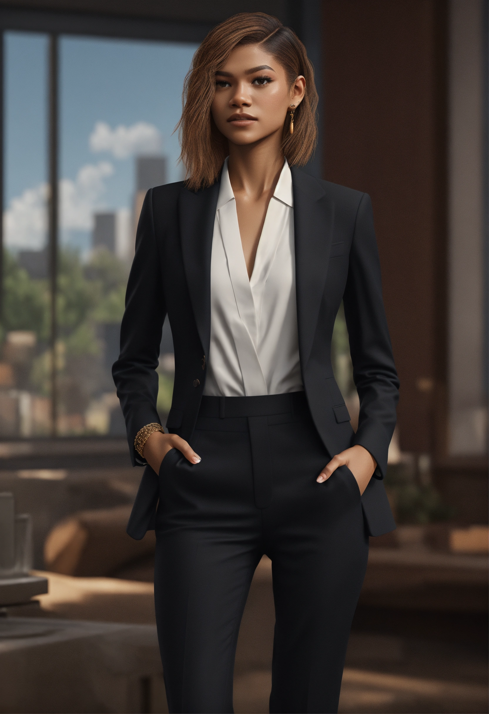 Lexica - Full body portrait, Zendaya, straight hair, black business