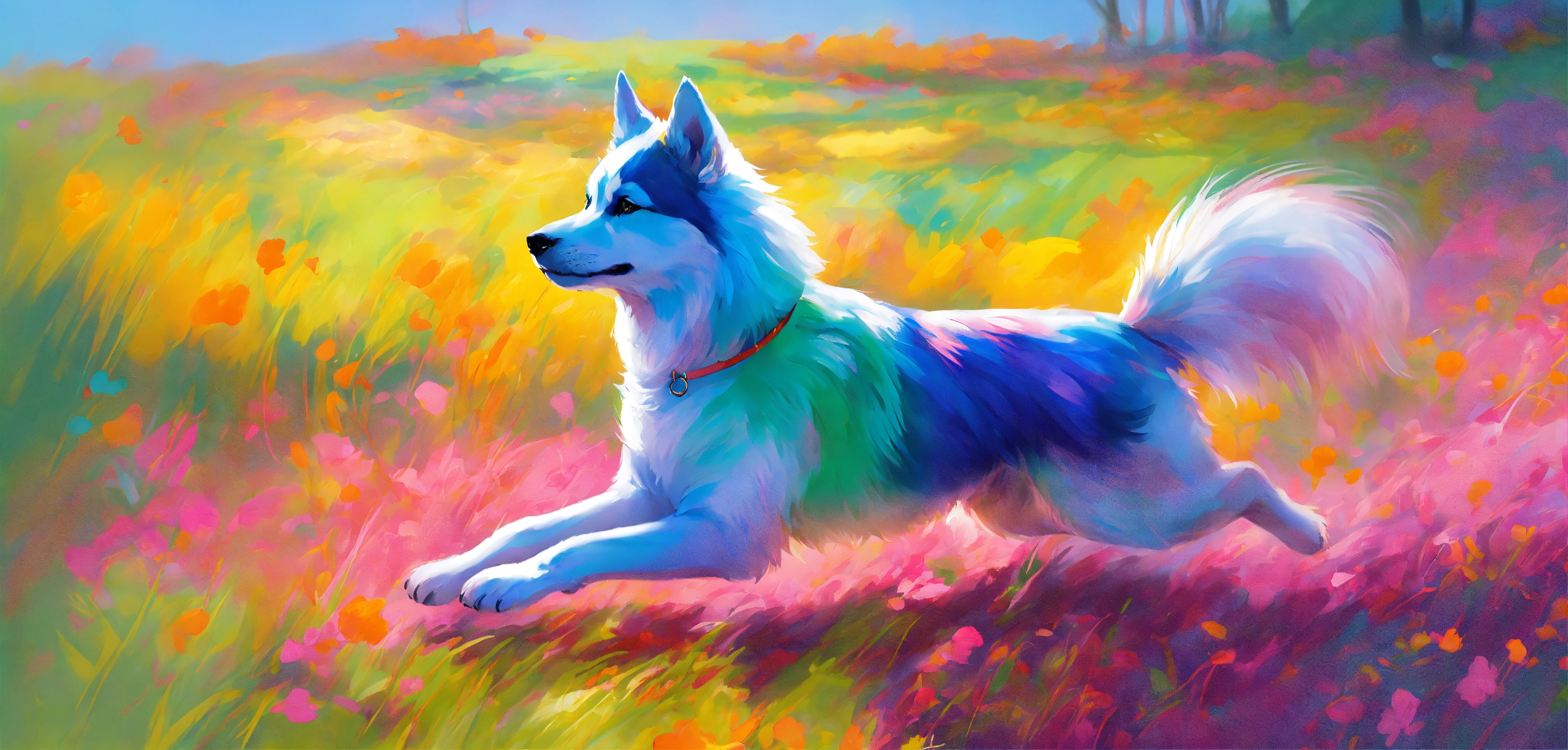 Lexica - In this vibrant painting, a graceful Pomsky is captured in ...