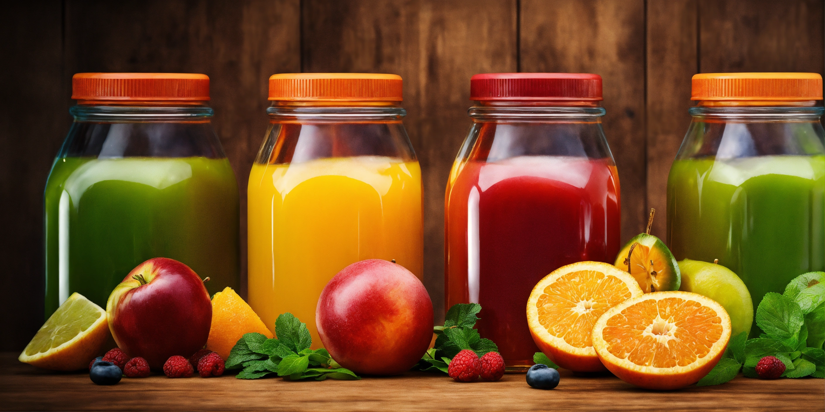 Lexica - Realistic photograph of bottles of juice