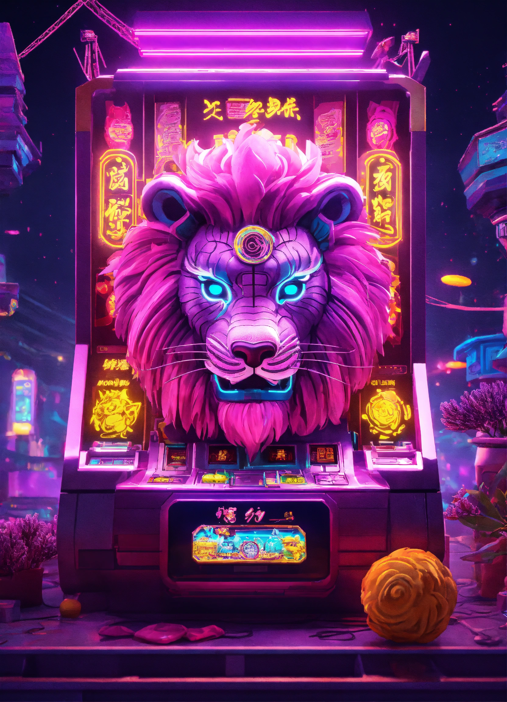 Lexica - 3D lion dance slot machine neon-filled with lavender cyberpunk ...
