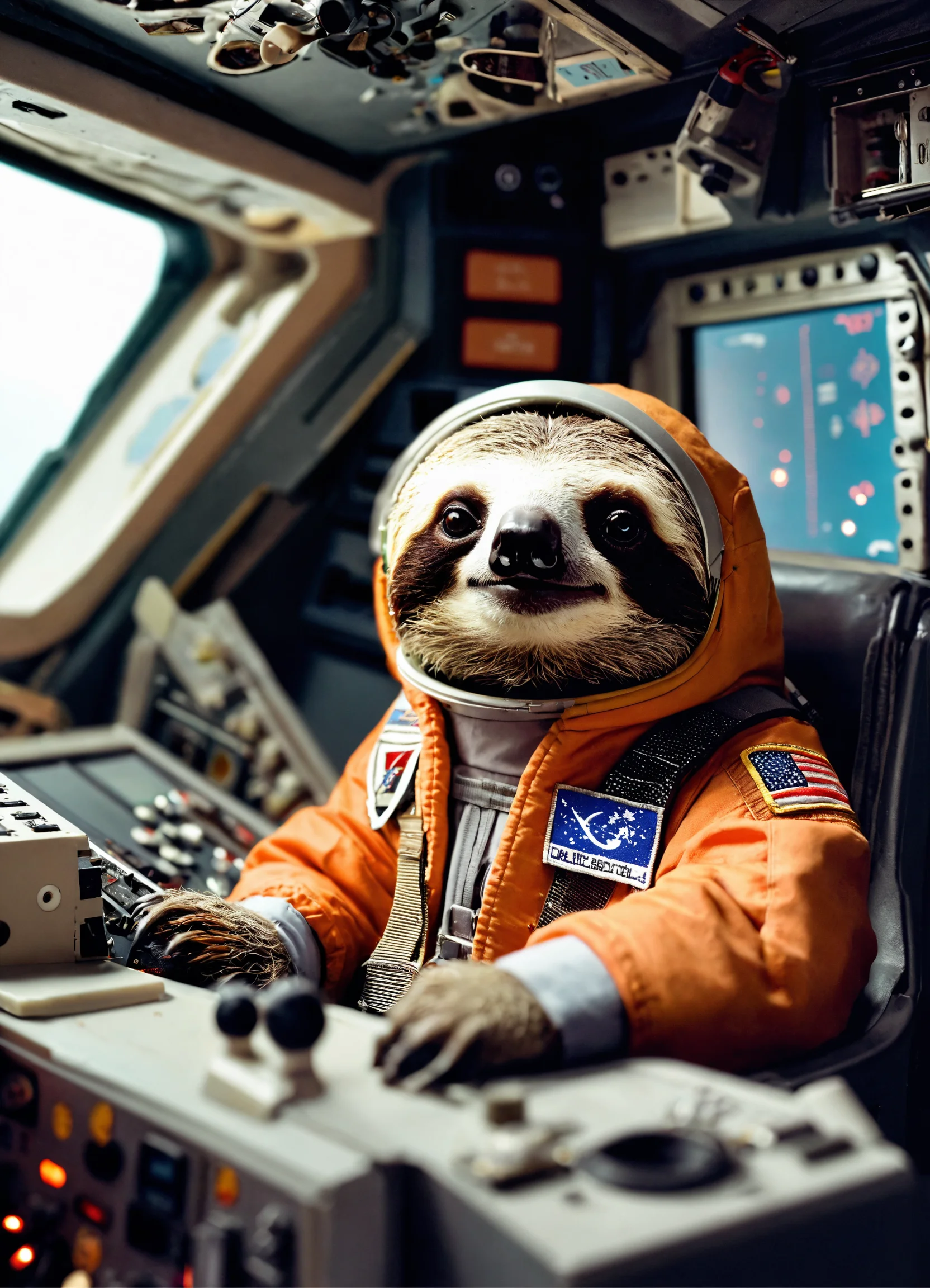 Lexica - A cute and tiny sloth captain inside the Space Shuttle's ...