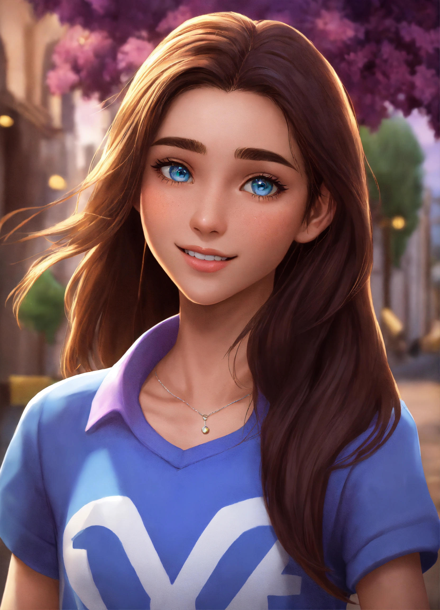 Lexica - 18-year-old female, light complexion, long dark brown hair, blue  eyes, purple shirt, blue pants, white sneakers, animated, realistic,  cartoo...