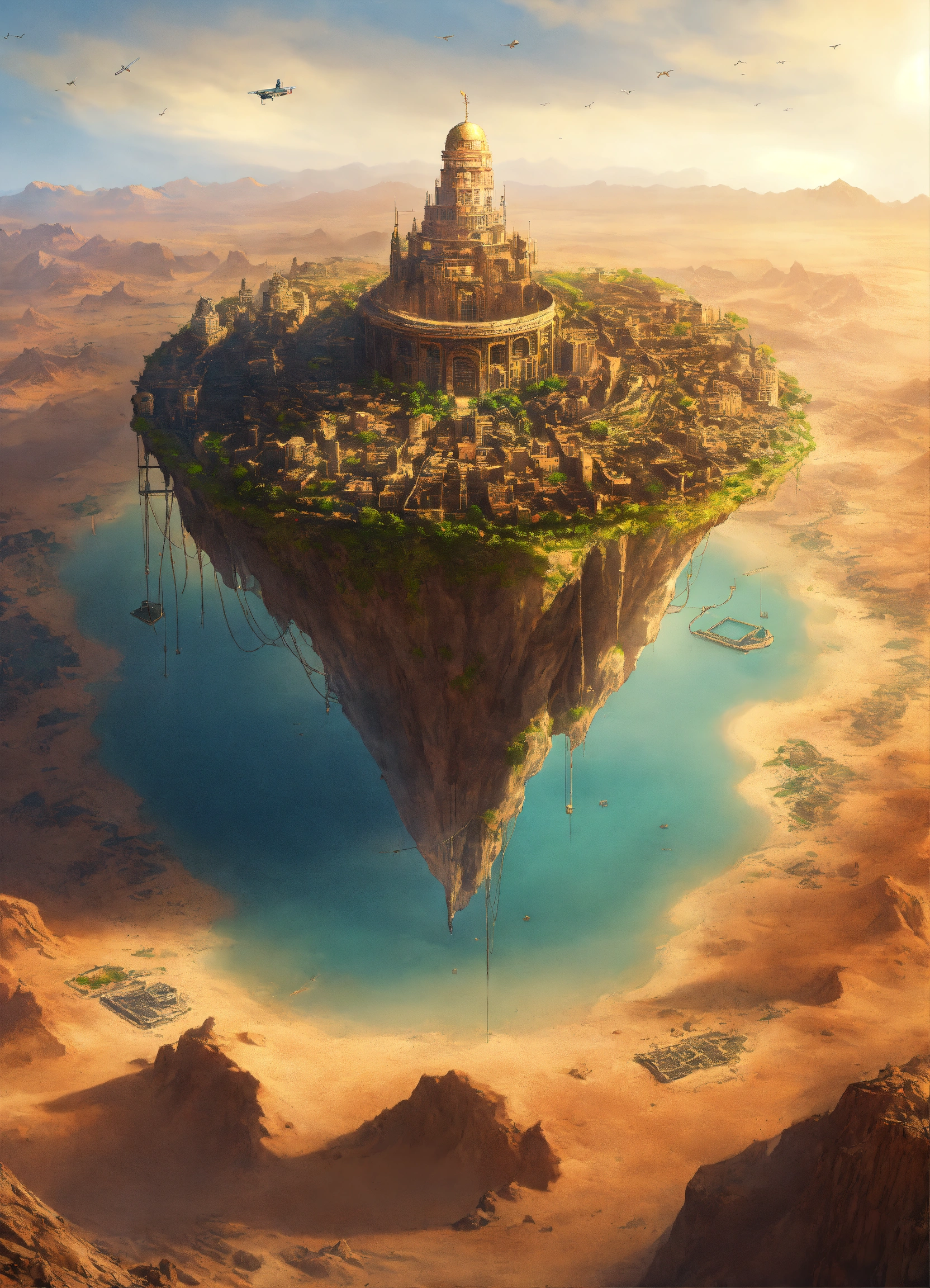 Lexica - A flying island with a city on top in the middle of the desert ...