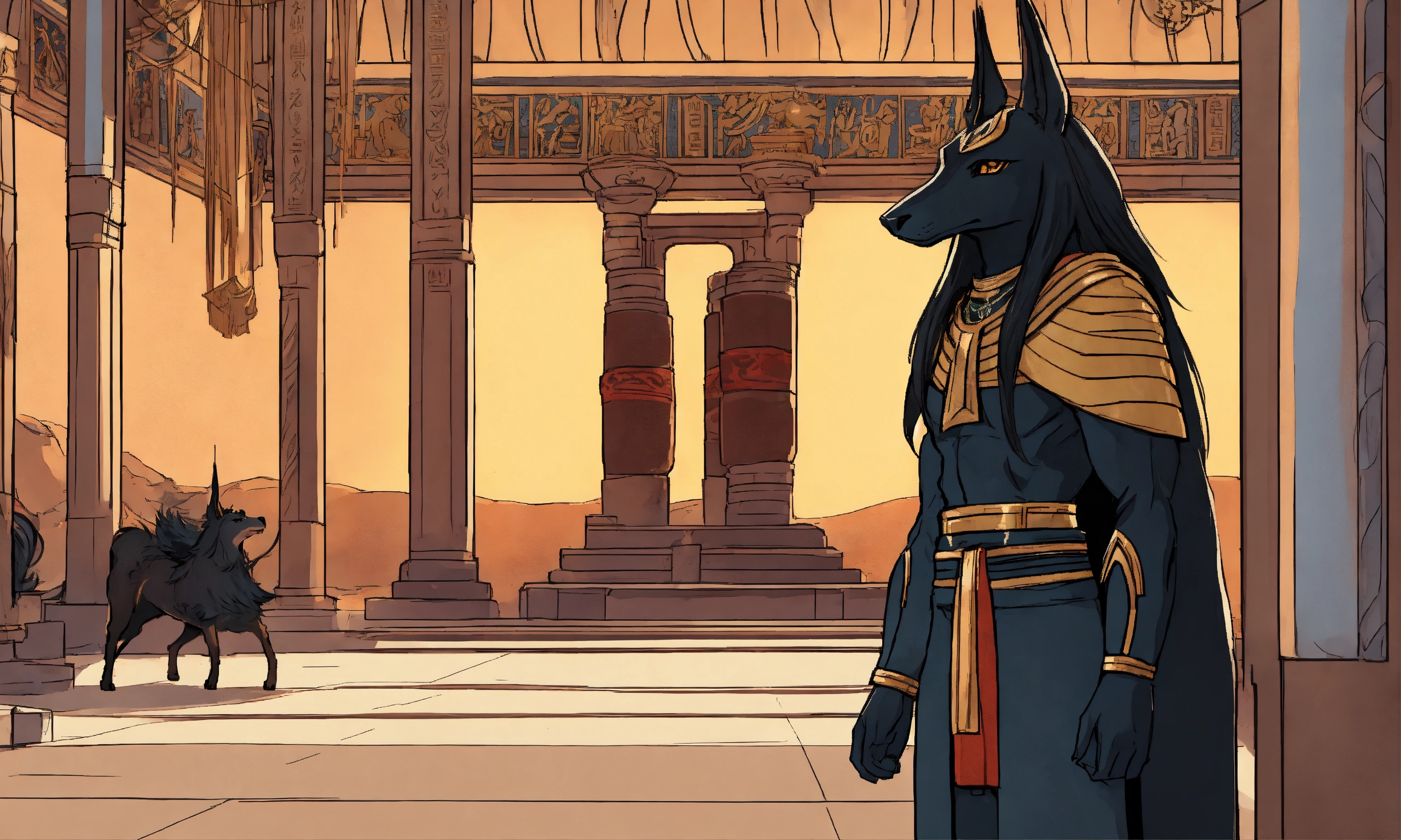 Lexica - Human Black long haired Anubis at a temple. comic