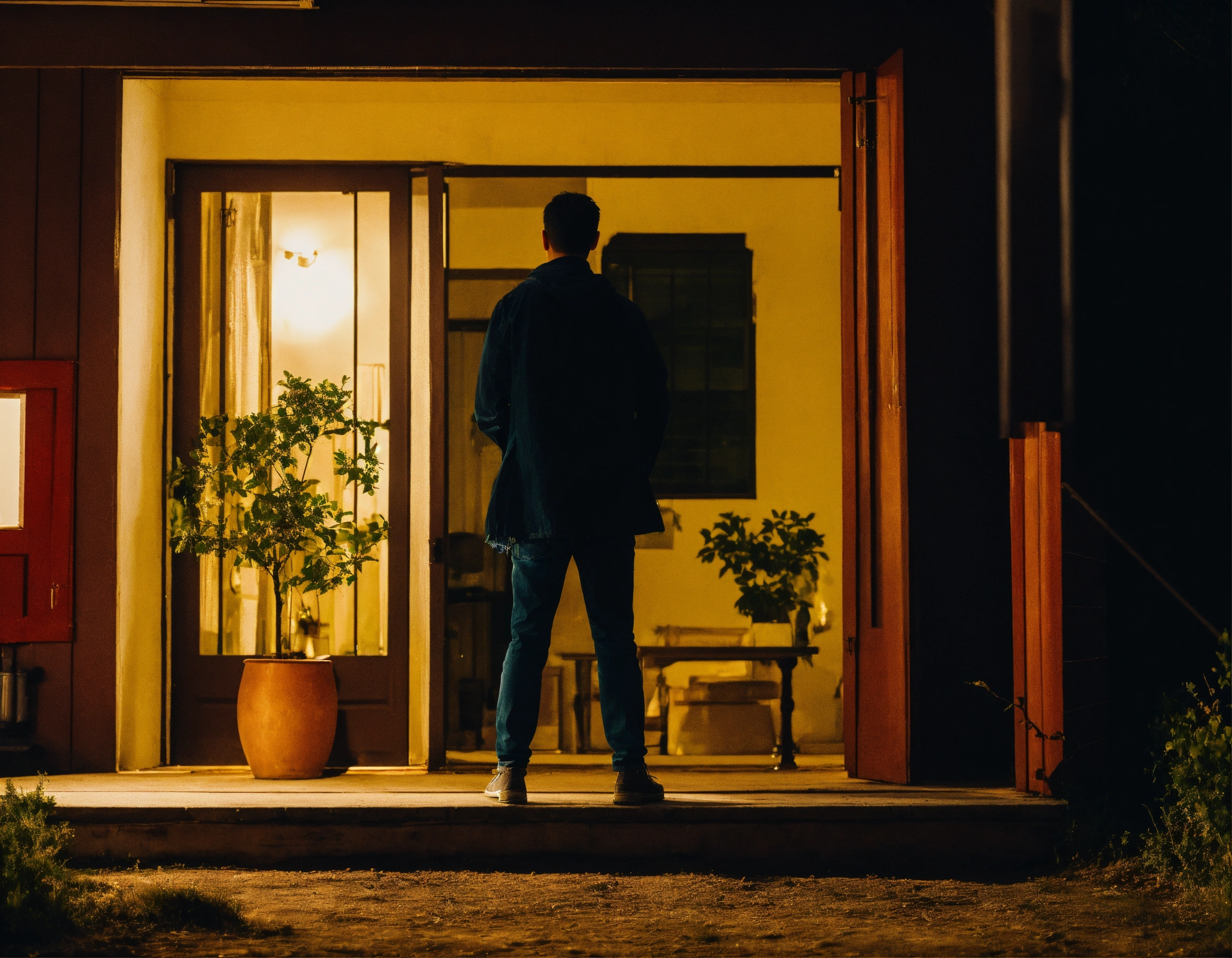 Lexica - A person looking straight ahead and standing outside a house