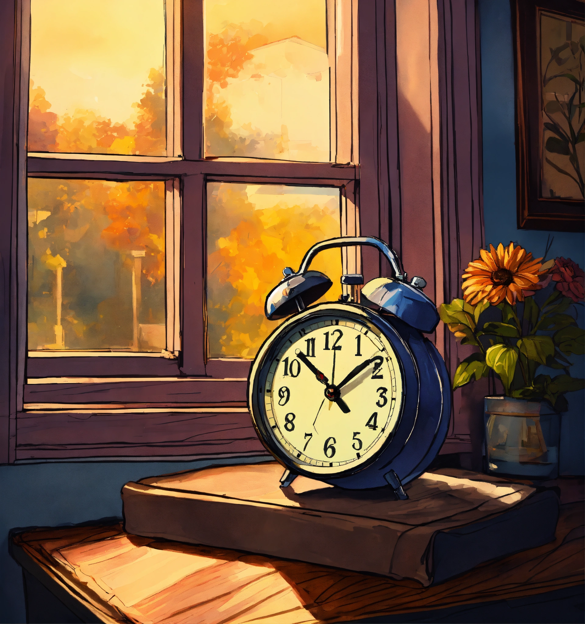 Lexica A hand drawn painting of an old school alarm clock kept on the