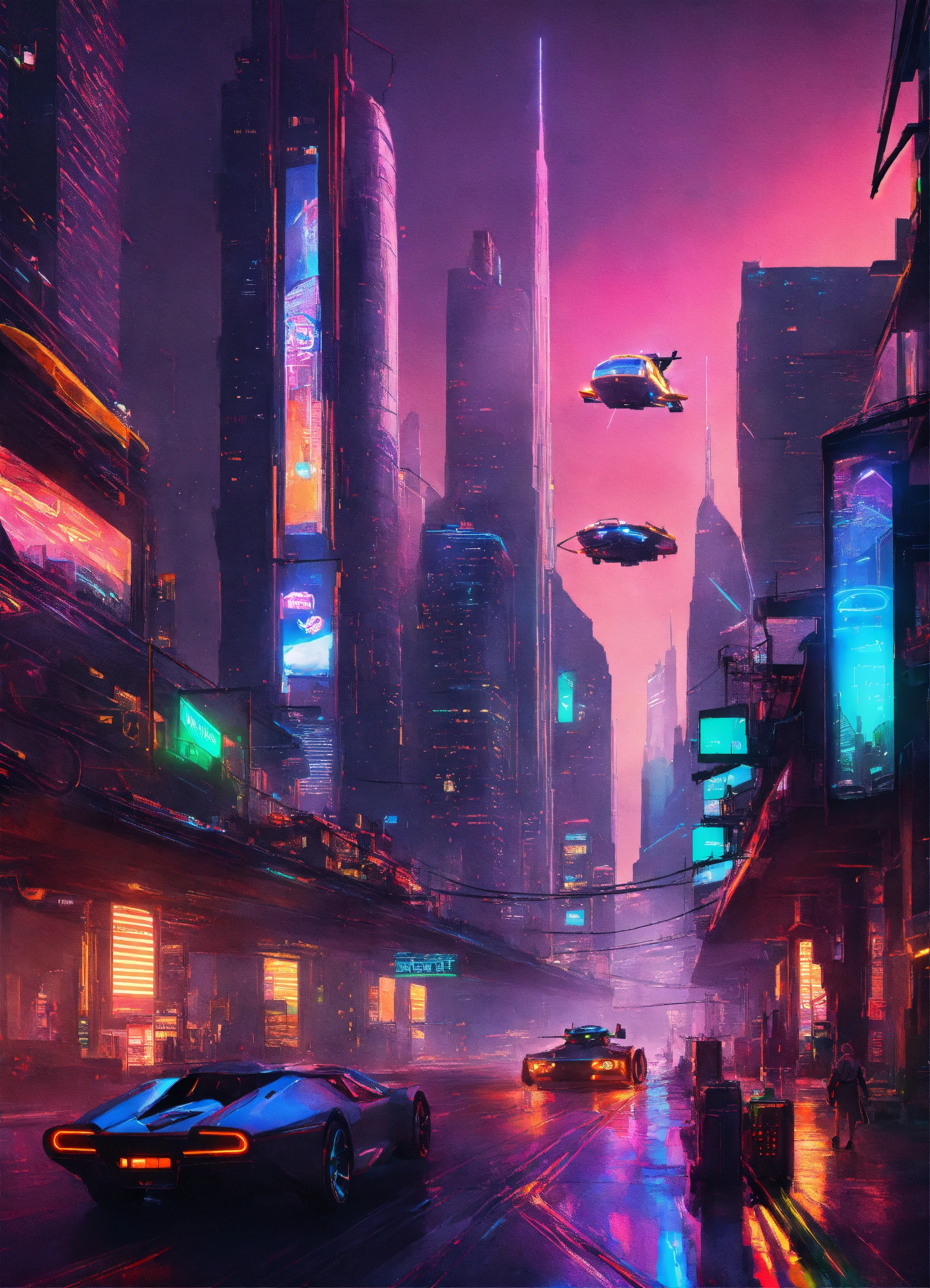Lexica - A futuristic cityscape at night with neon lights, flying cars ...