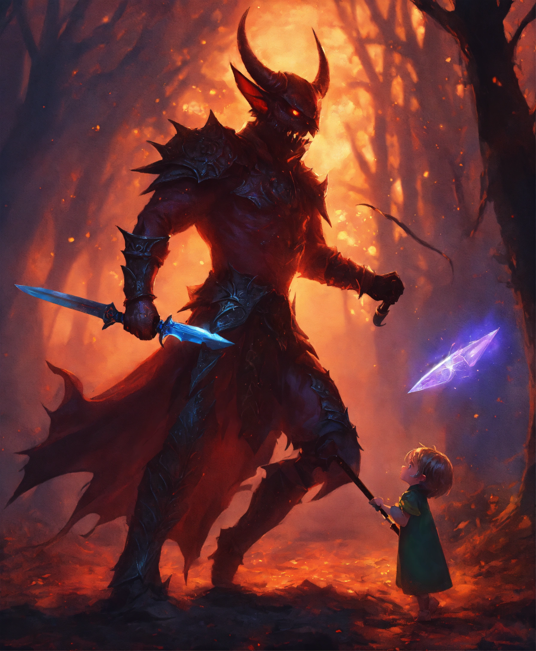 Lexica - A small pixie confronting a dark demon with a magic sword.