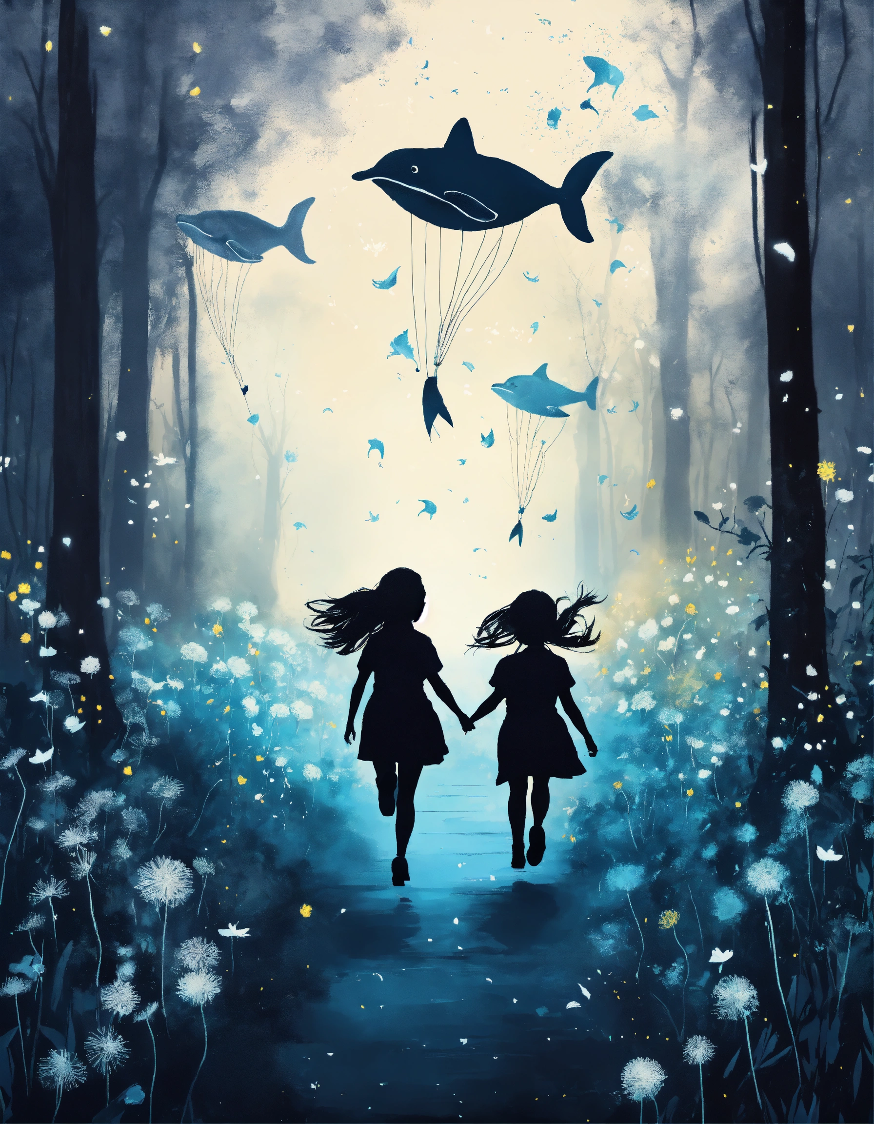 Lexica - Two little girls are running through a dark magical forest ...