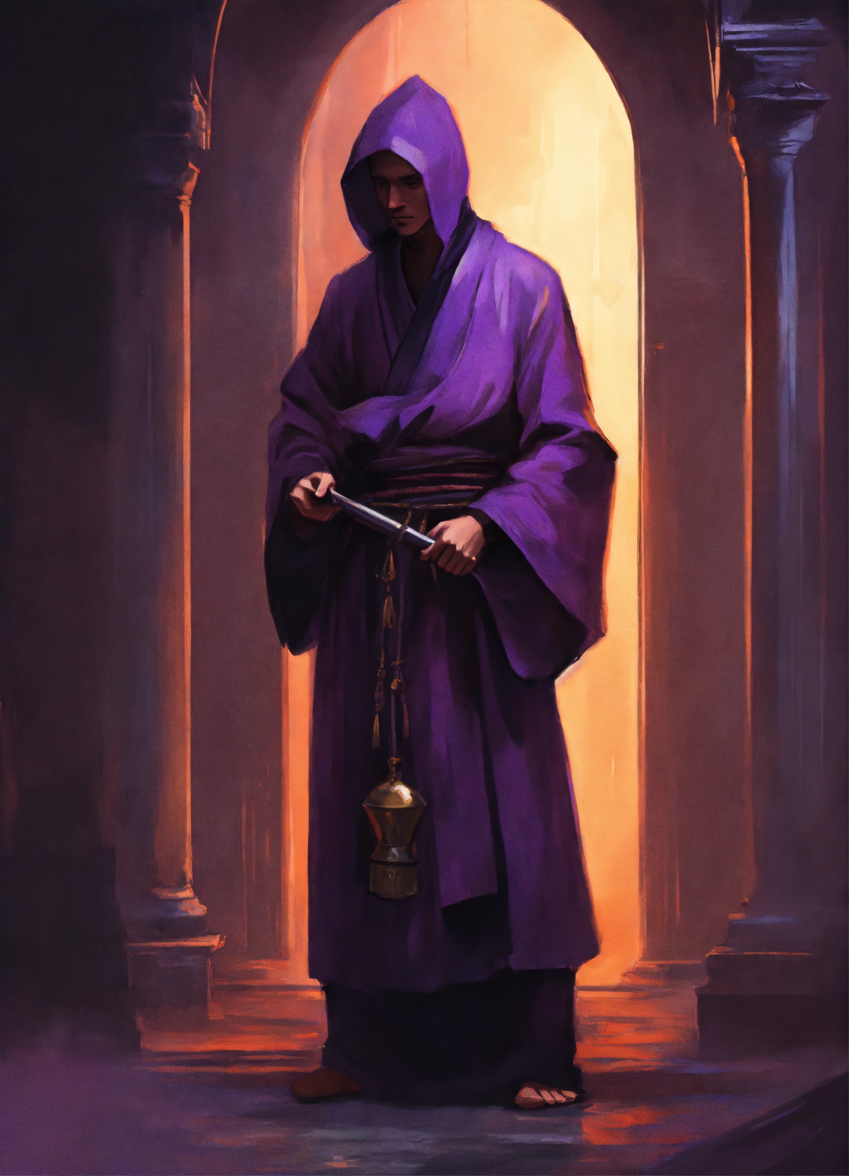 Lexica - A monk in purple and black, grim, gregorian, realistic, minimalist