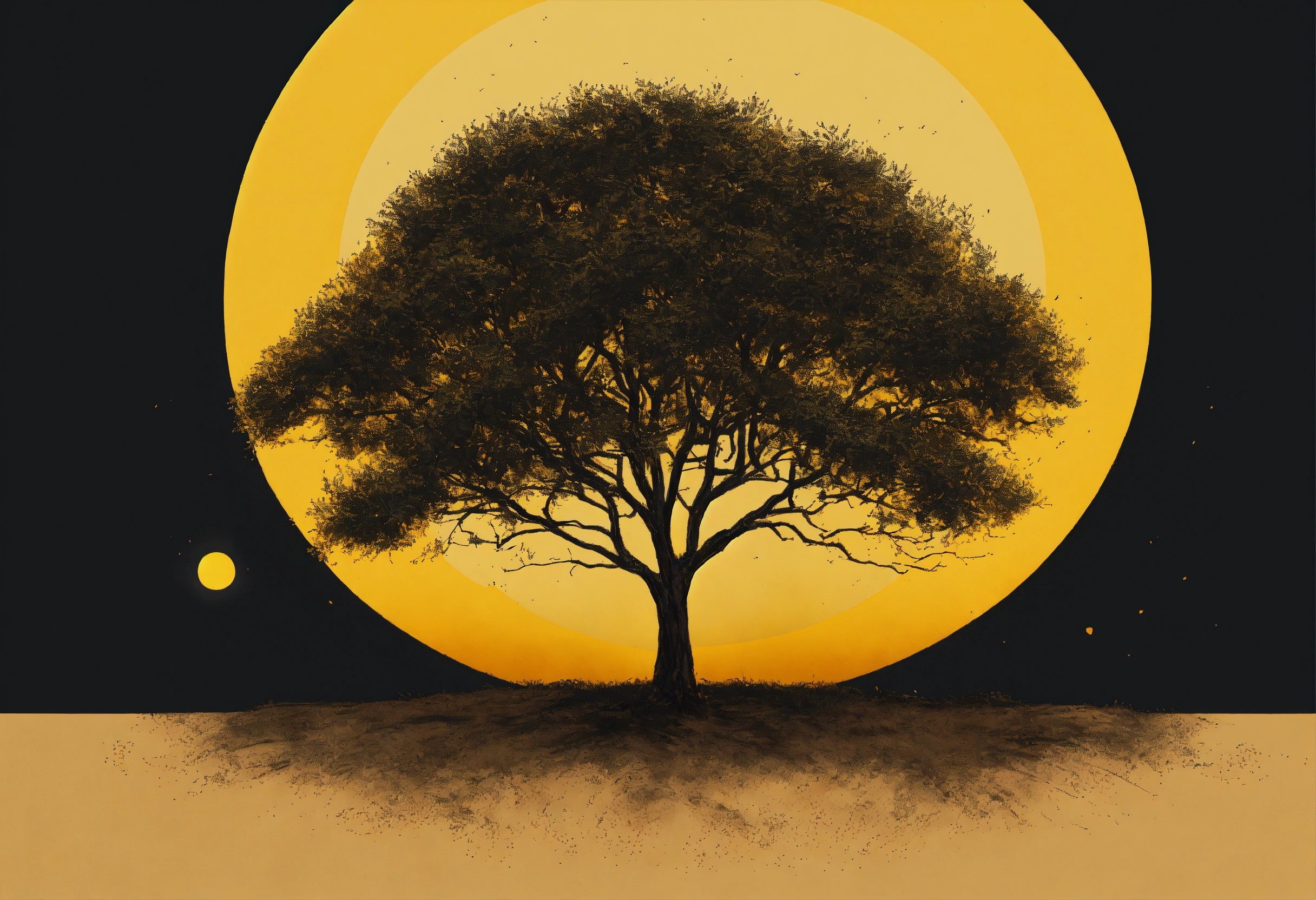 Lexica - Illustration of a black young tee tree with a dark yellow sun ...