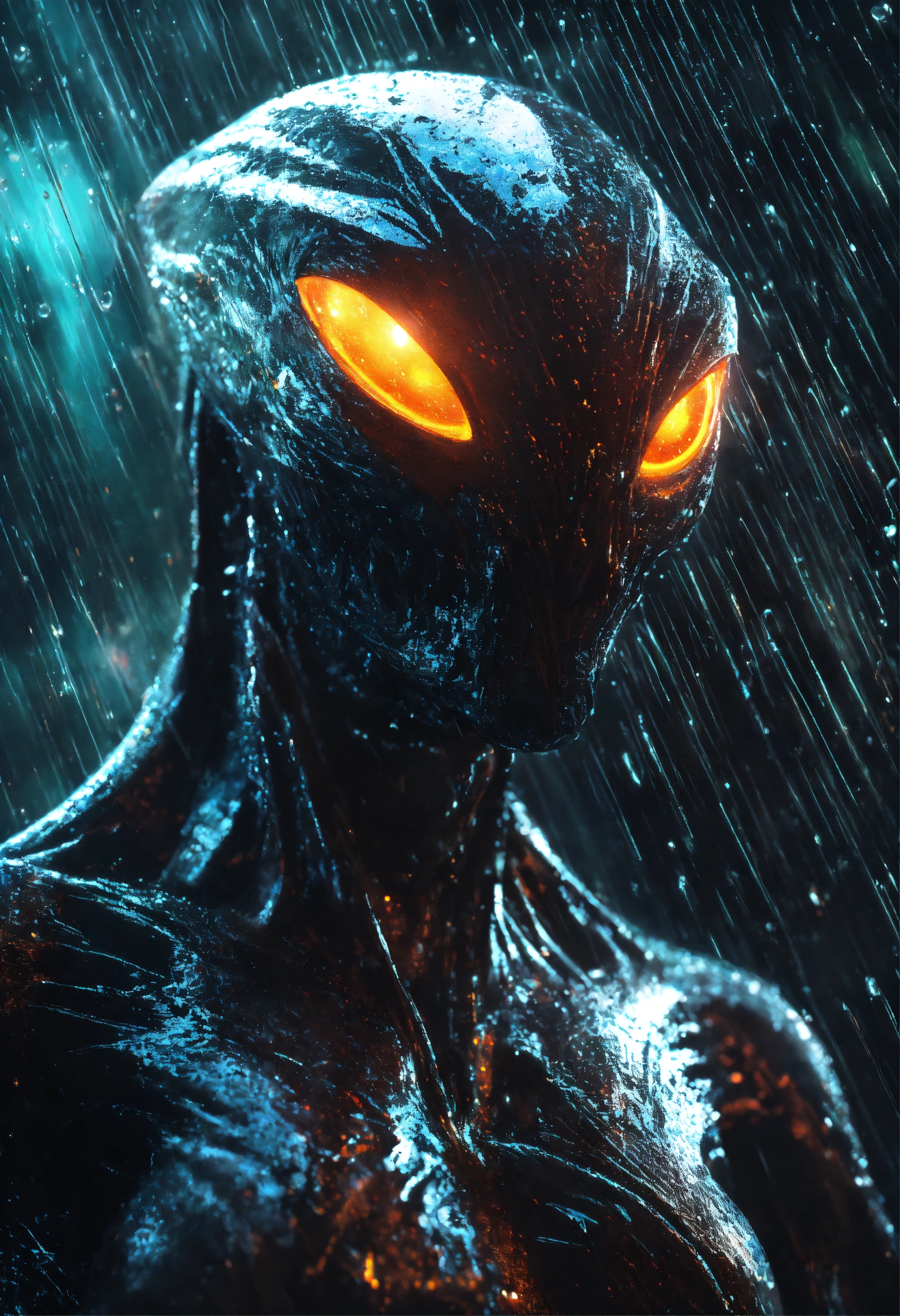 Lexica - An menacing alien with glowing eyes, in the pouring rain, in ...