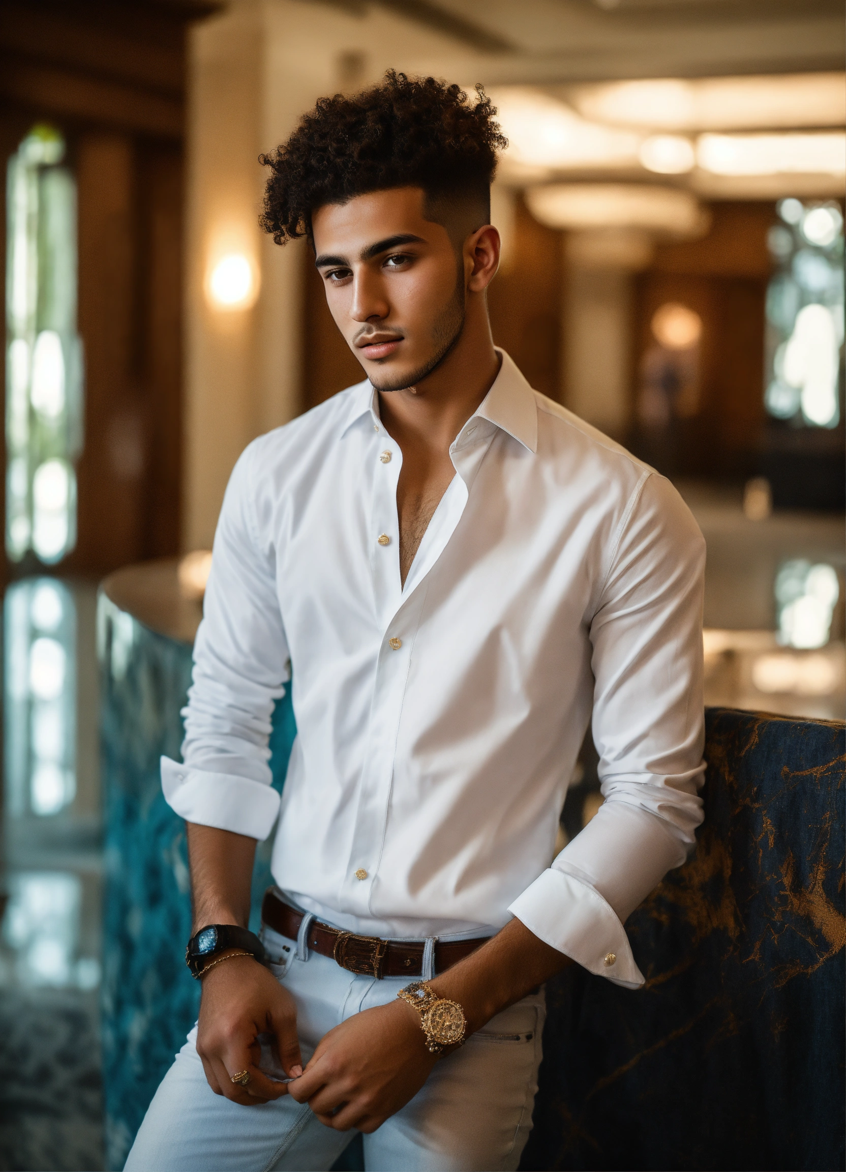 Lexica - Handsome 20-year-old Egyptian male with long neat loc's. Smooth  skin. Full lips. Dressed in white haute couture shirt and jeans. In upscale  ..., image size:1664x2304