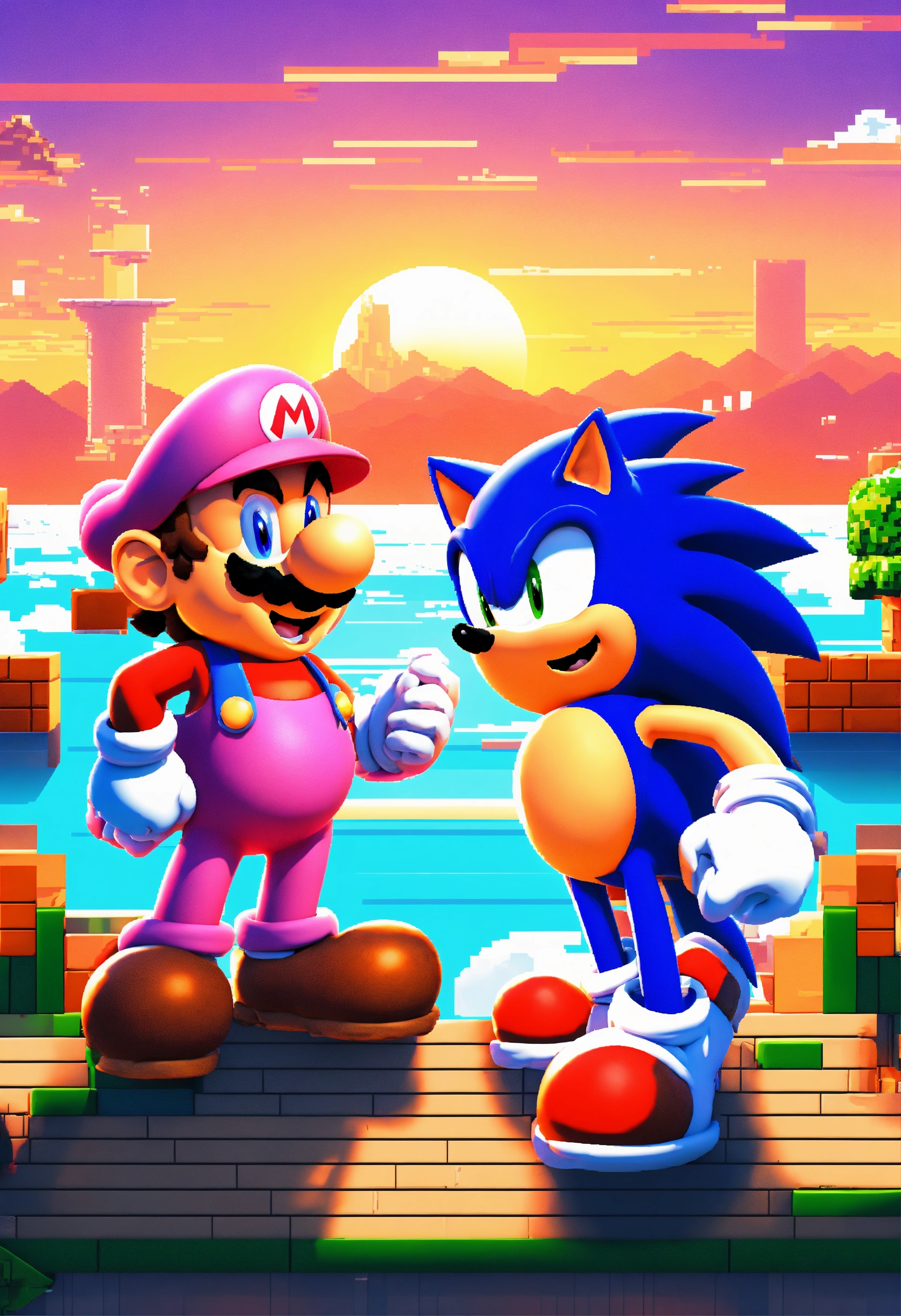 Lexica - Mario and Sonic, pixel style, 90-s, 4k quality, game characters,  epic background, beautiful sunset