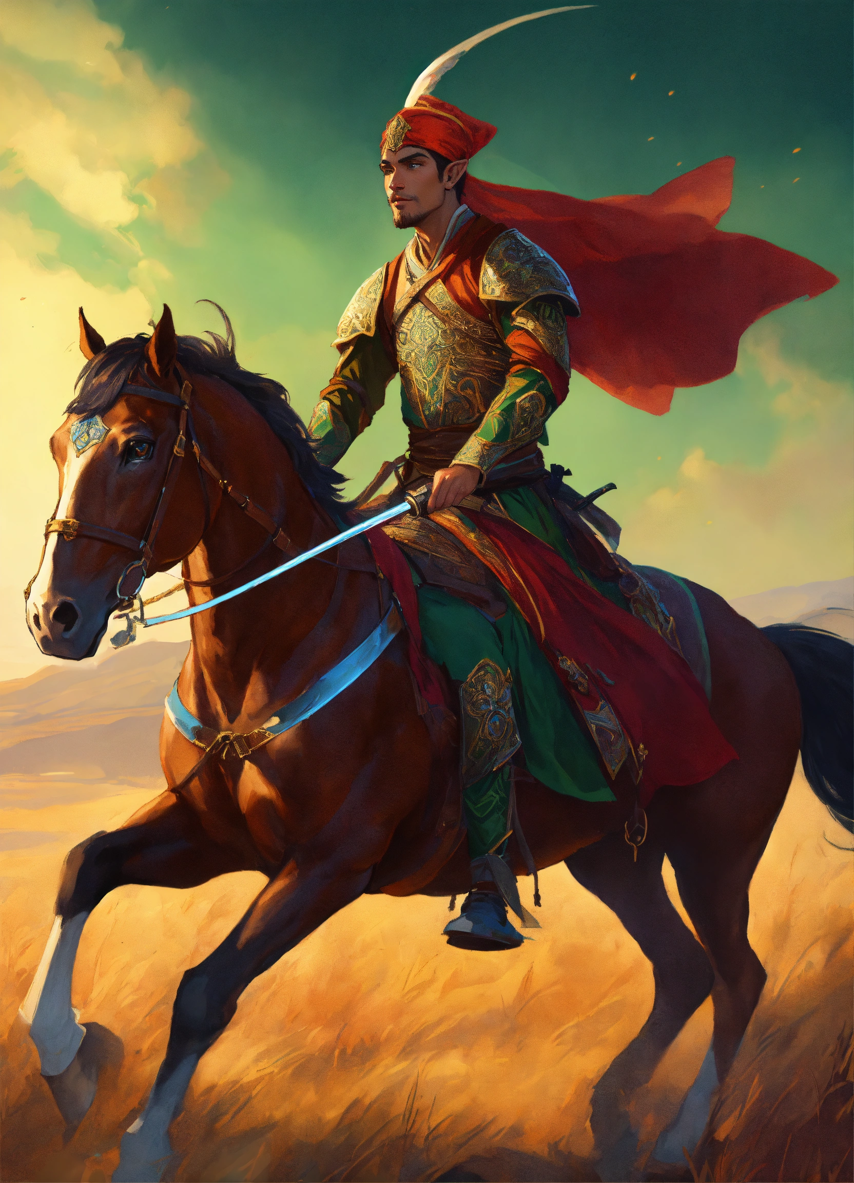 Lexica - A timurid elf male light cavalryman charging with Sabre riding ...