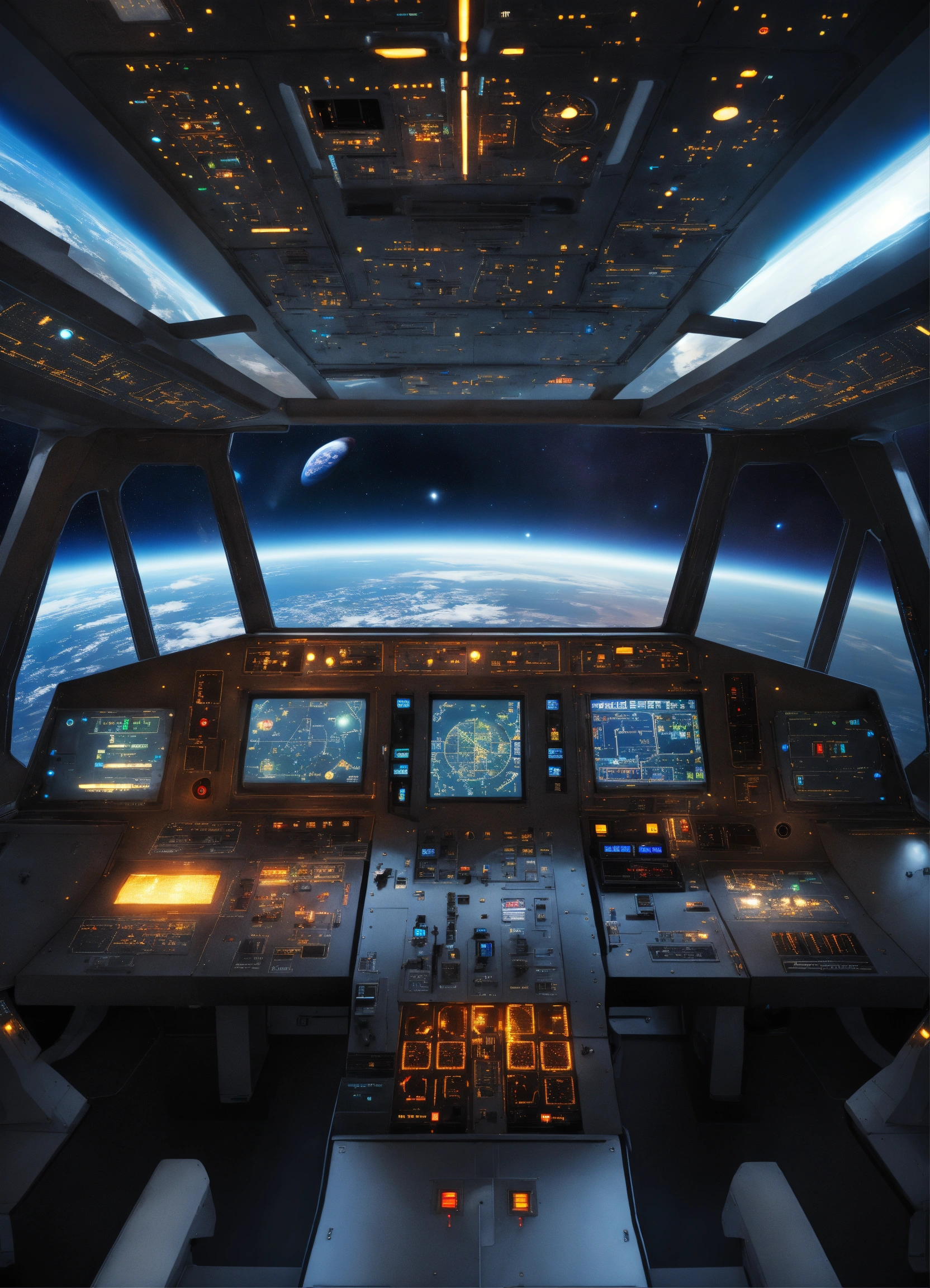 Lexica - Spaceship, control panel. Realistic space view