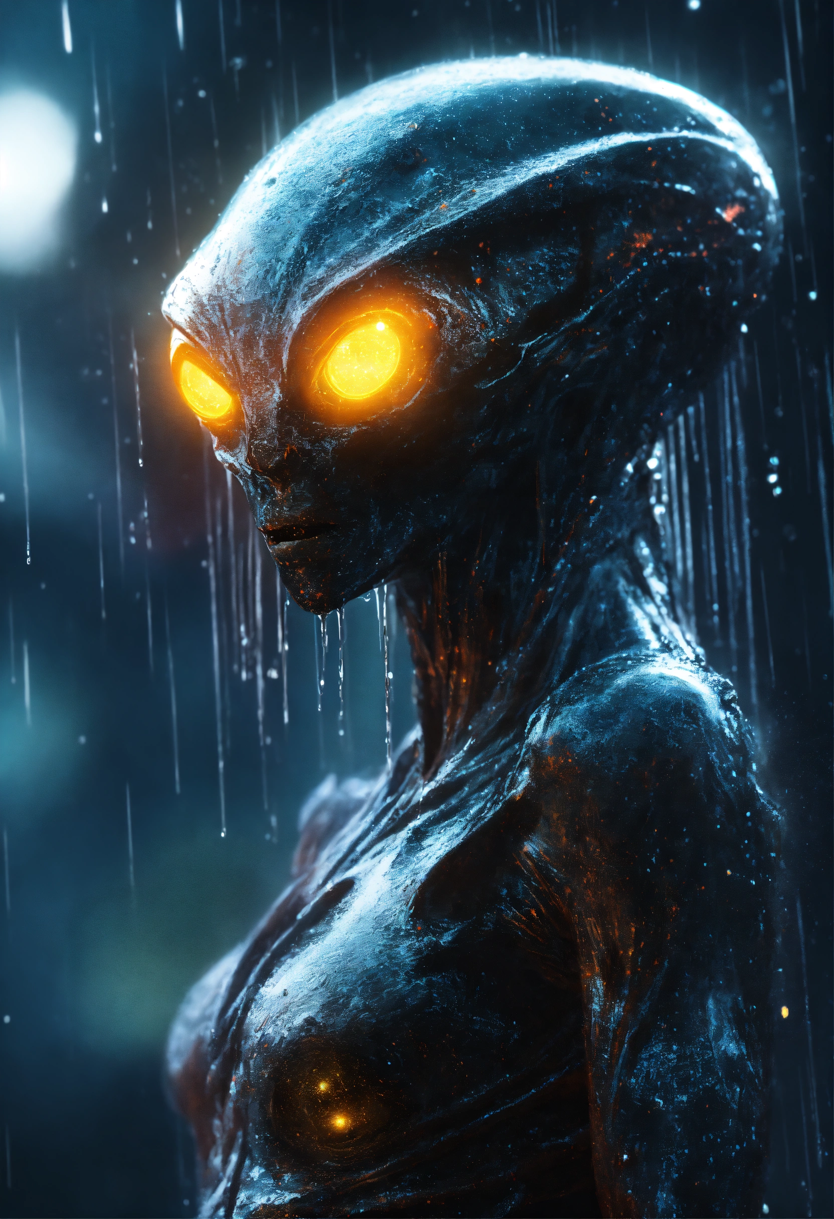 Lexica - An menacing alien with glowing eyes, in the pouring rain, in ...
