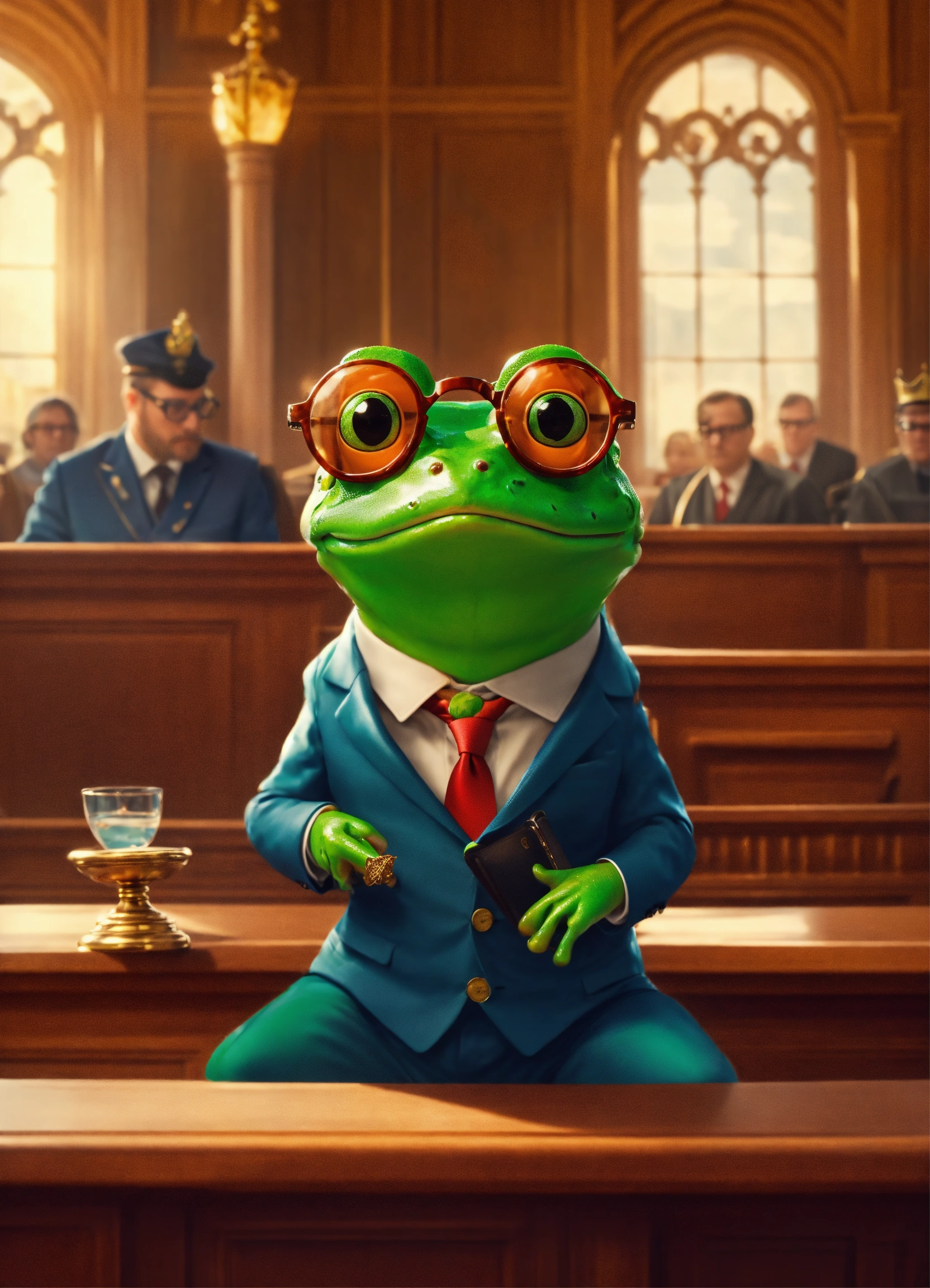 Lexica - Cute frog in suit and glasses in crown court defending warm in ...