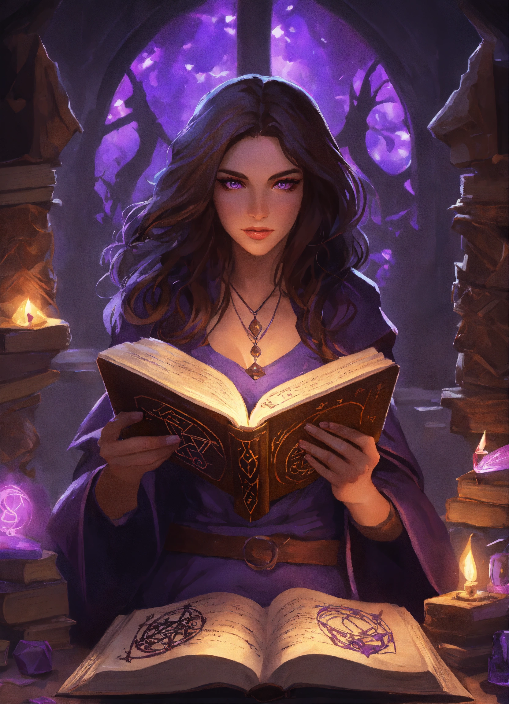 Lexica - A witch with brown hair and purple eyes surrounded by runes ...