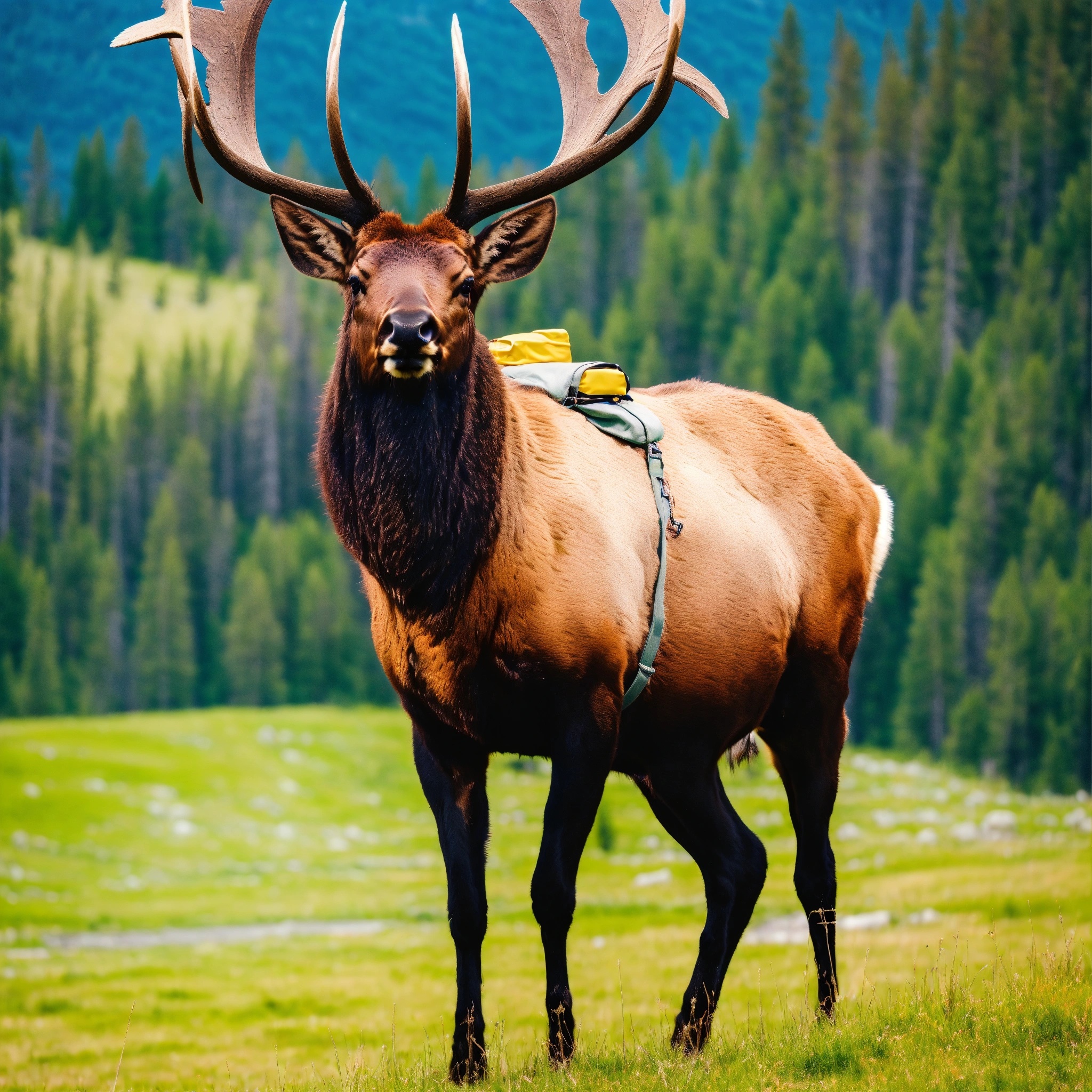 Lexica - An elk wearing a backpack, looking towards the camera