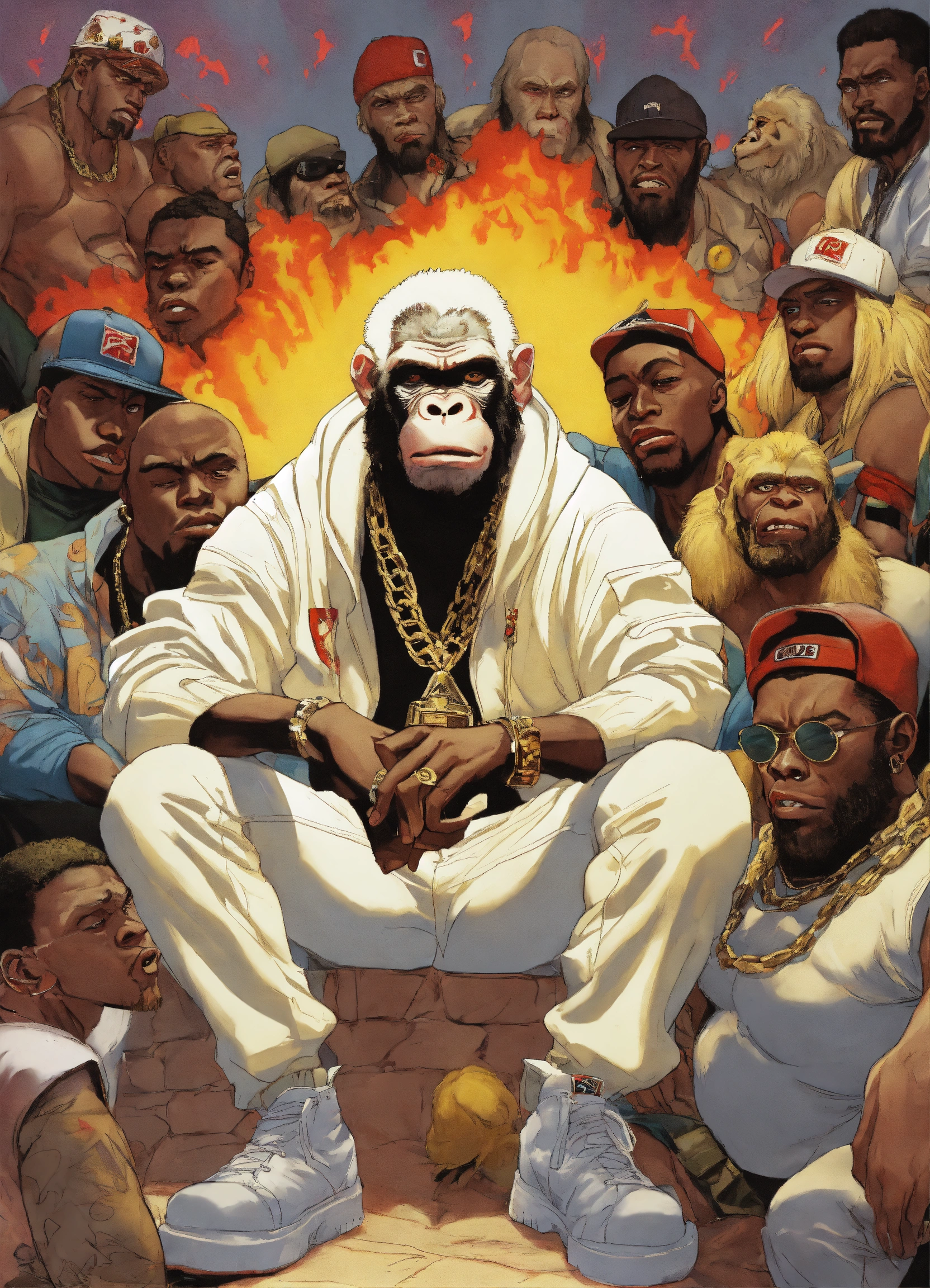 Lexica - An incredibly powerful looking albino ape rapper sitting on a ...