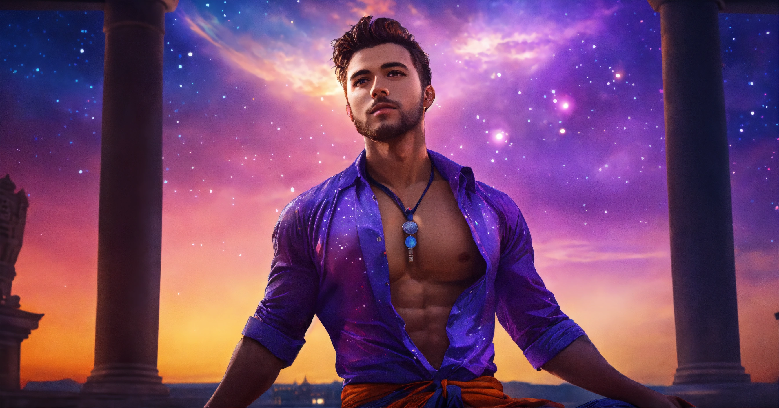 Lexica well built guy, open shirt, upper torso view, looking