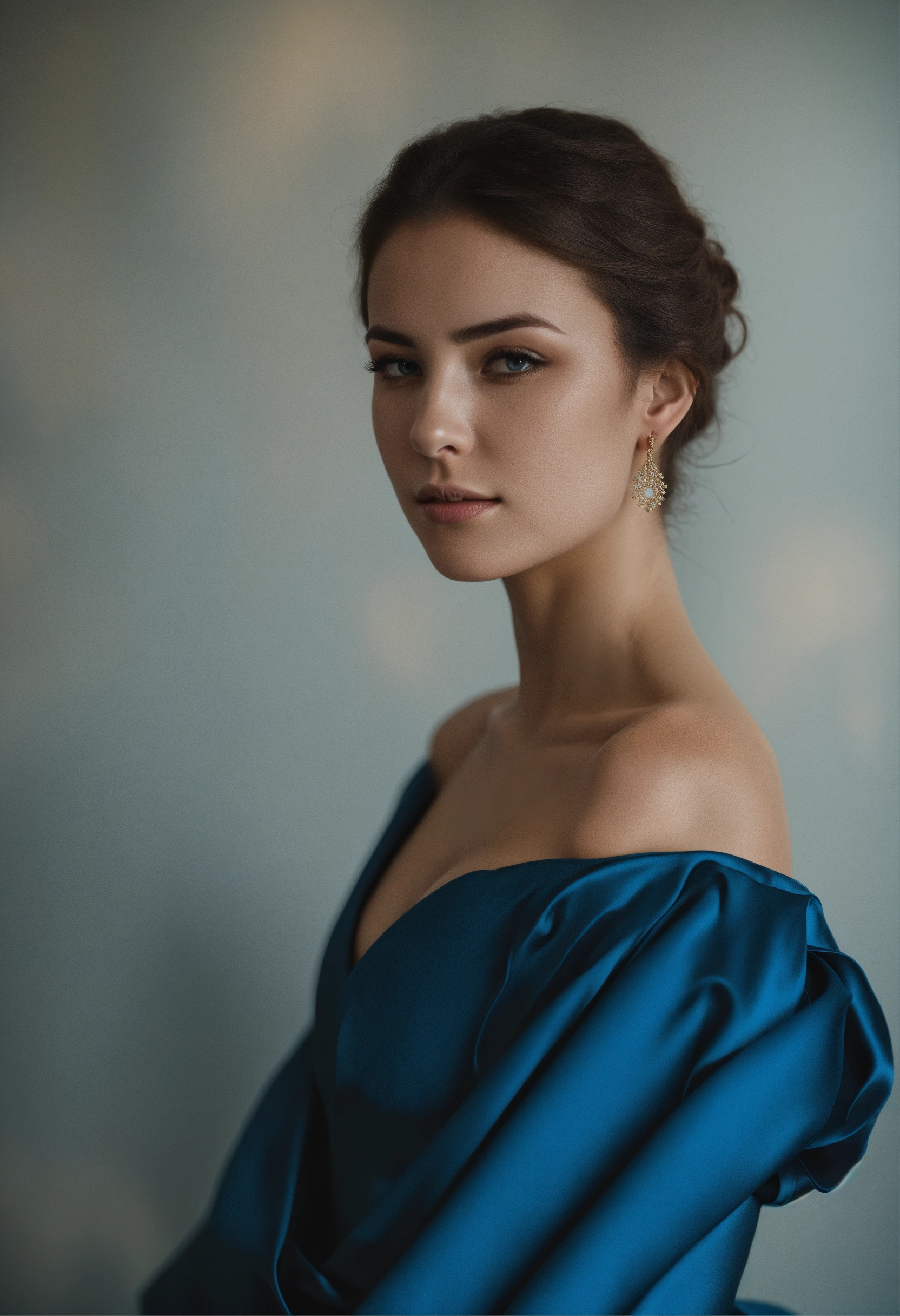Lexica - Young woman in a blue gown standing against a light background