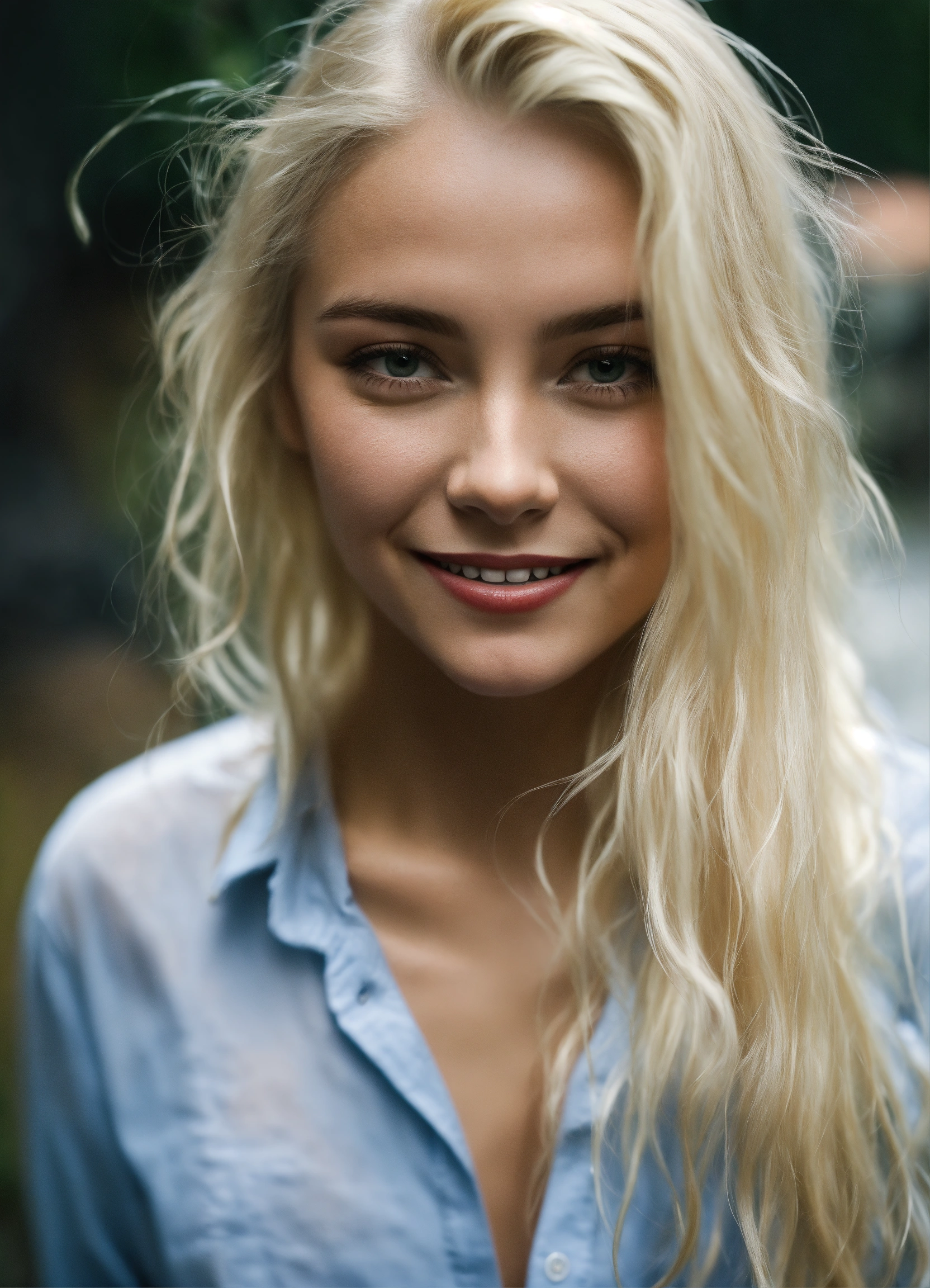 Lexica - Platinum blond girl, long wet hair, mischievous smile, leaned ...