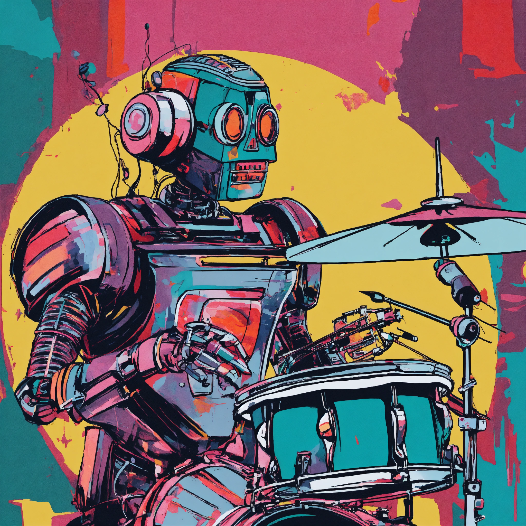 Lexica - Punk rocker as a robot playing the drums, abstract illustration