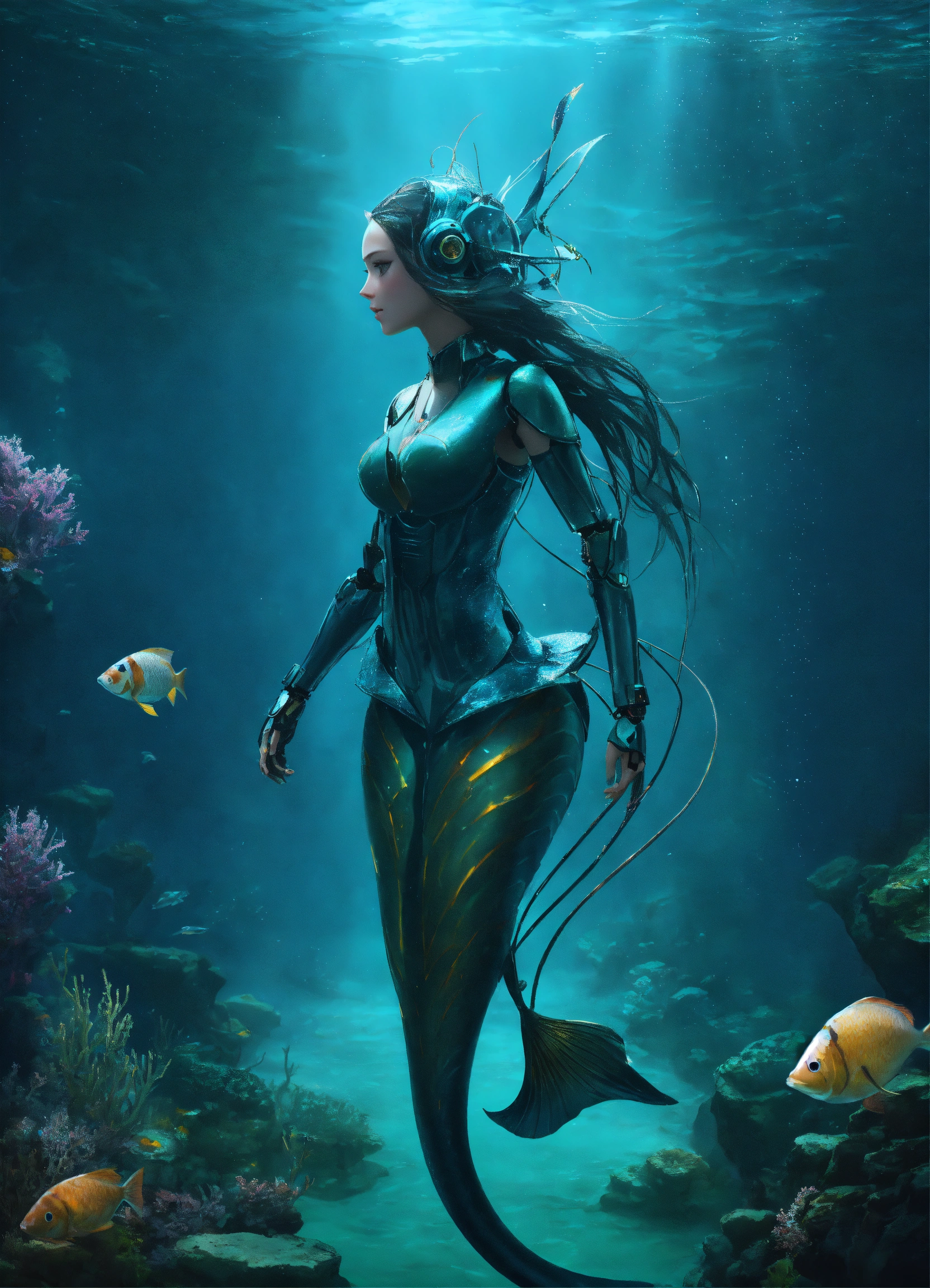 Lexica - A robot mermaid, in the bottom of the sea, dark light , whit a ...