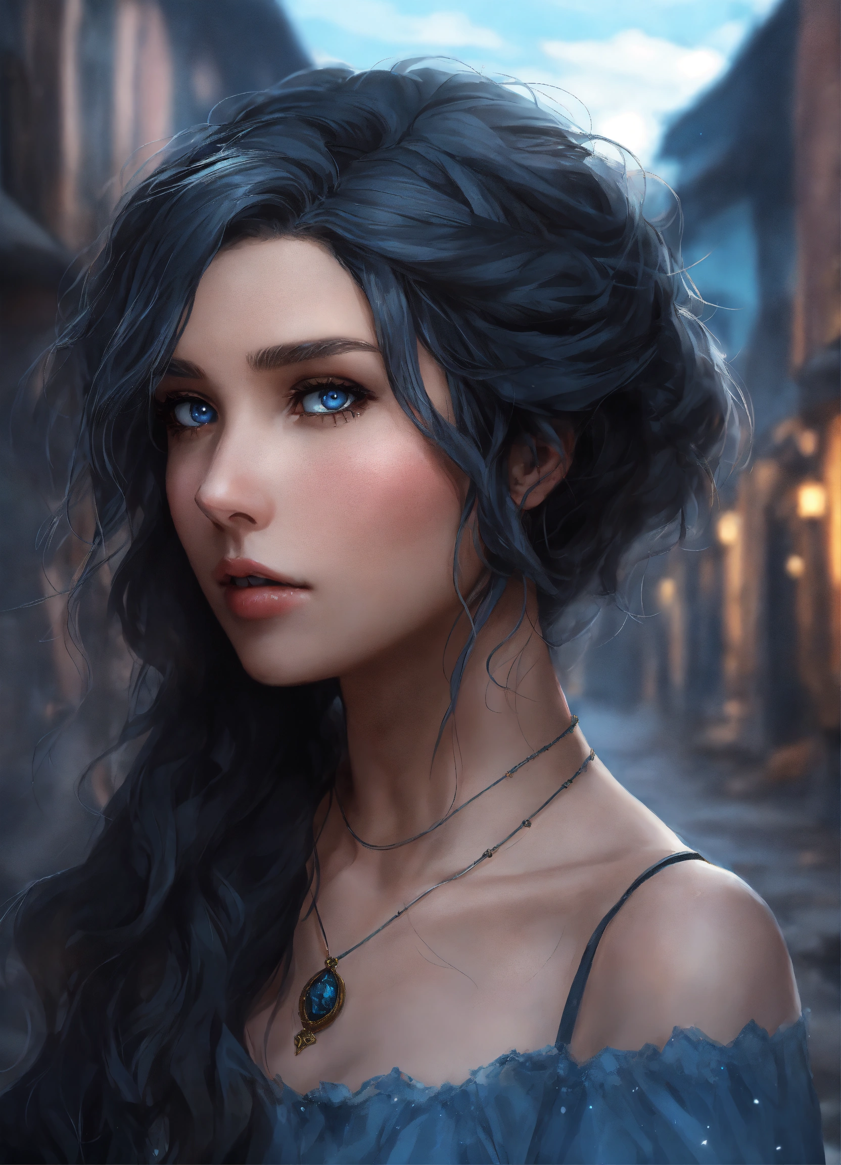 Lexica - Adult girl with icy blue eyes and charcoal colored slightly ...