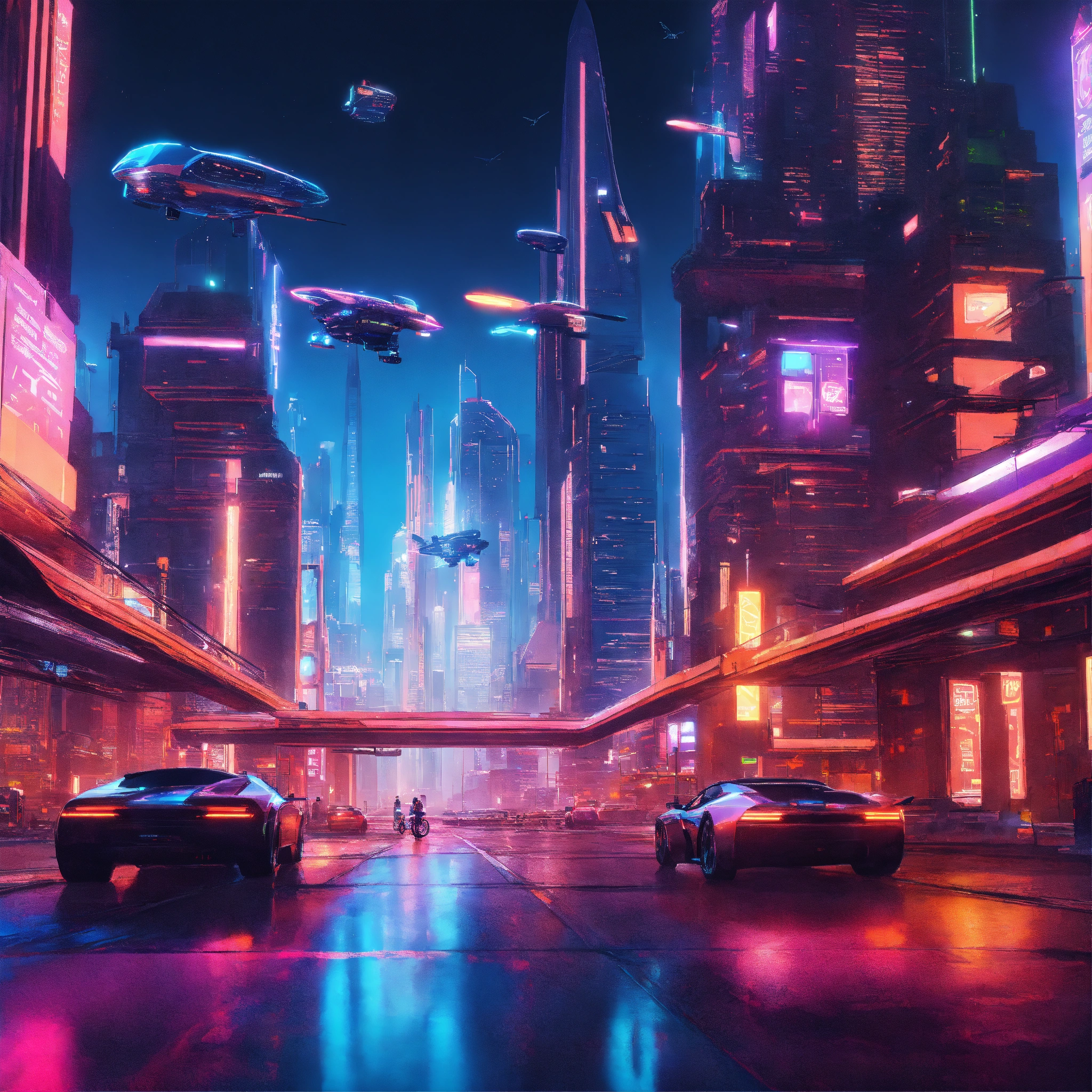 Lexica - A futuristic cityscape at night with neon lights, flying cars ...