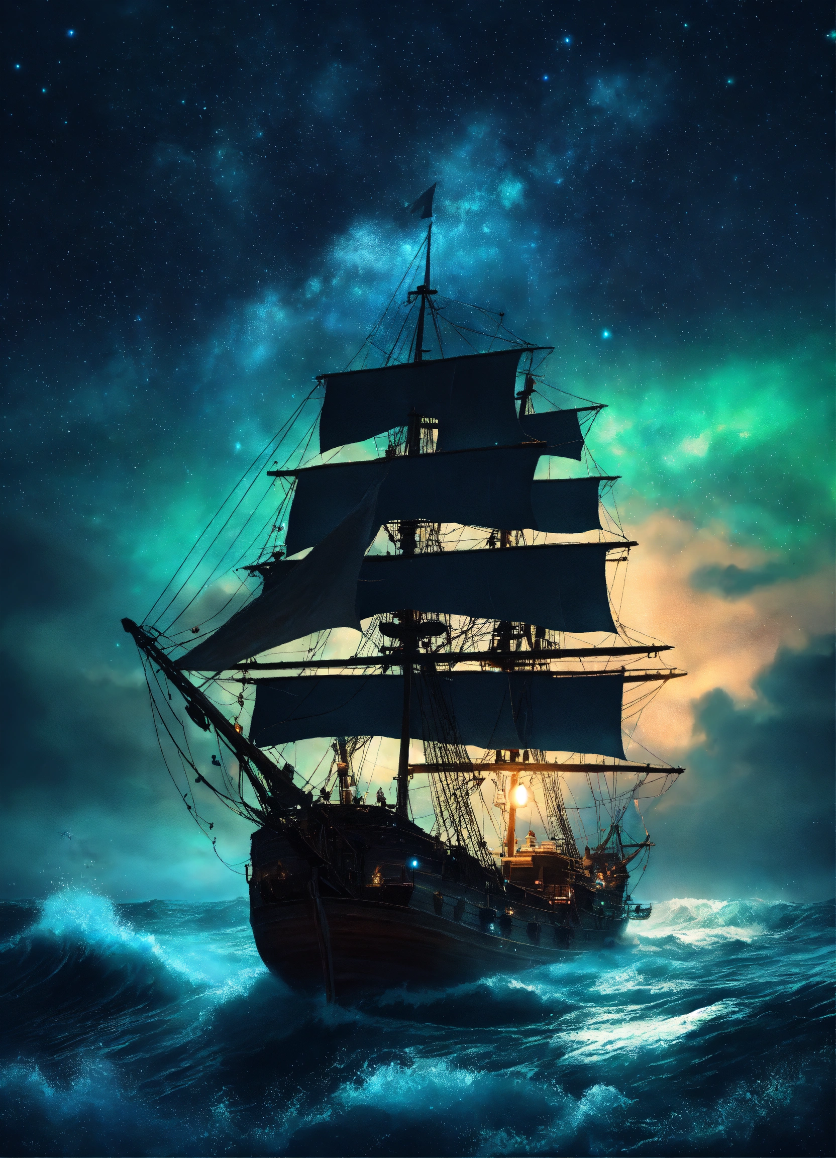 Lexica - (Pirate ship sailing and one flash light a bioluminescence sea ...