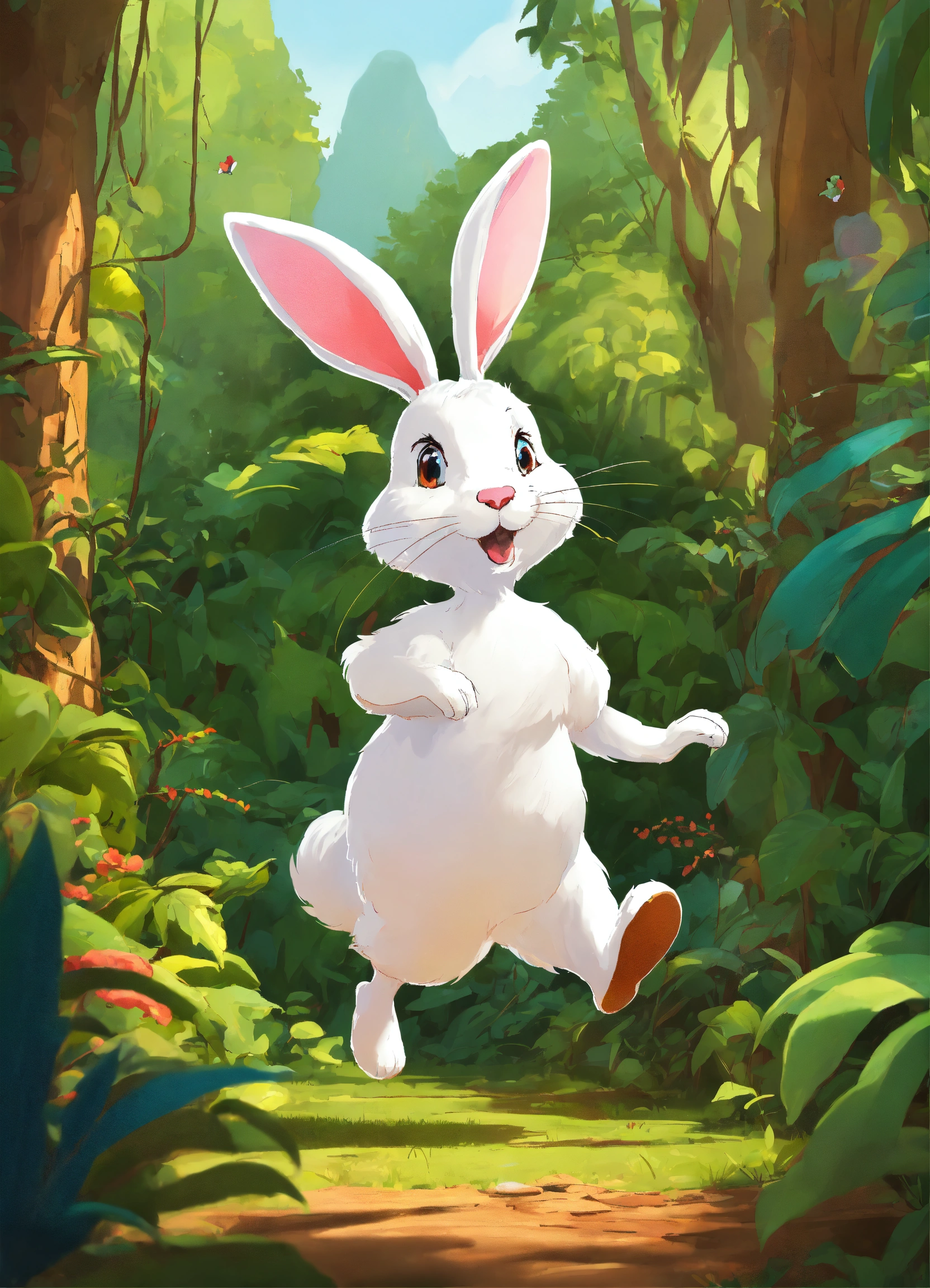 Lexica - Let cartoon big white rabbit run on two legs in jungle