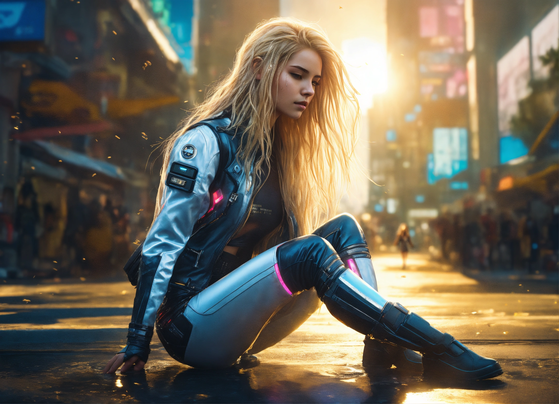 Lexica - Falling viewFull body High detailed Photo realistic natural Photo  Cyberpunk Dream girl, futuristic, sunny weather. X-men long blond wet hai...