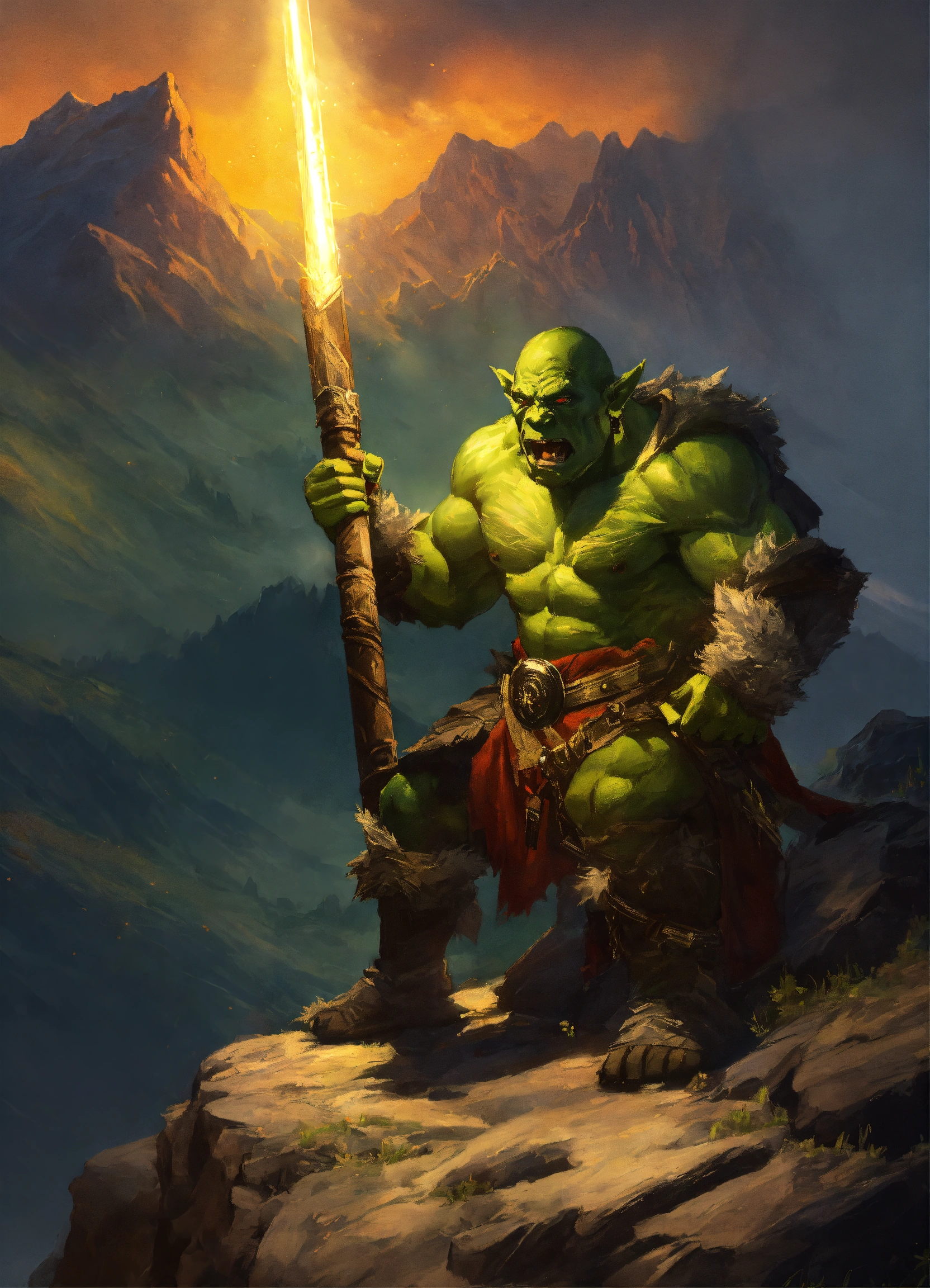Lexica - An orc being weakened by a beam of light on a mountain peak.
