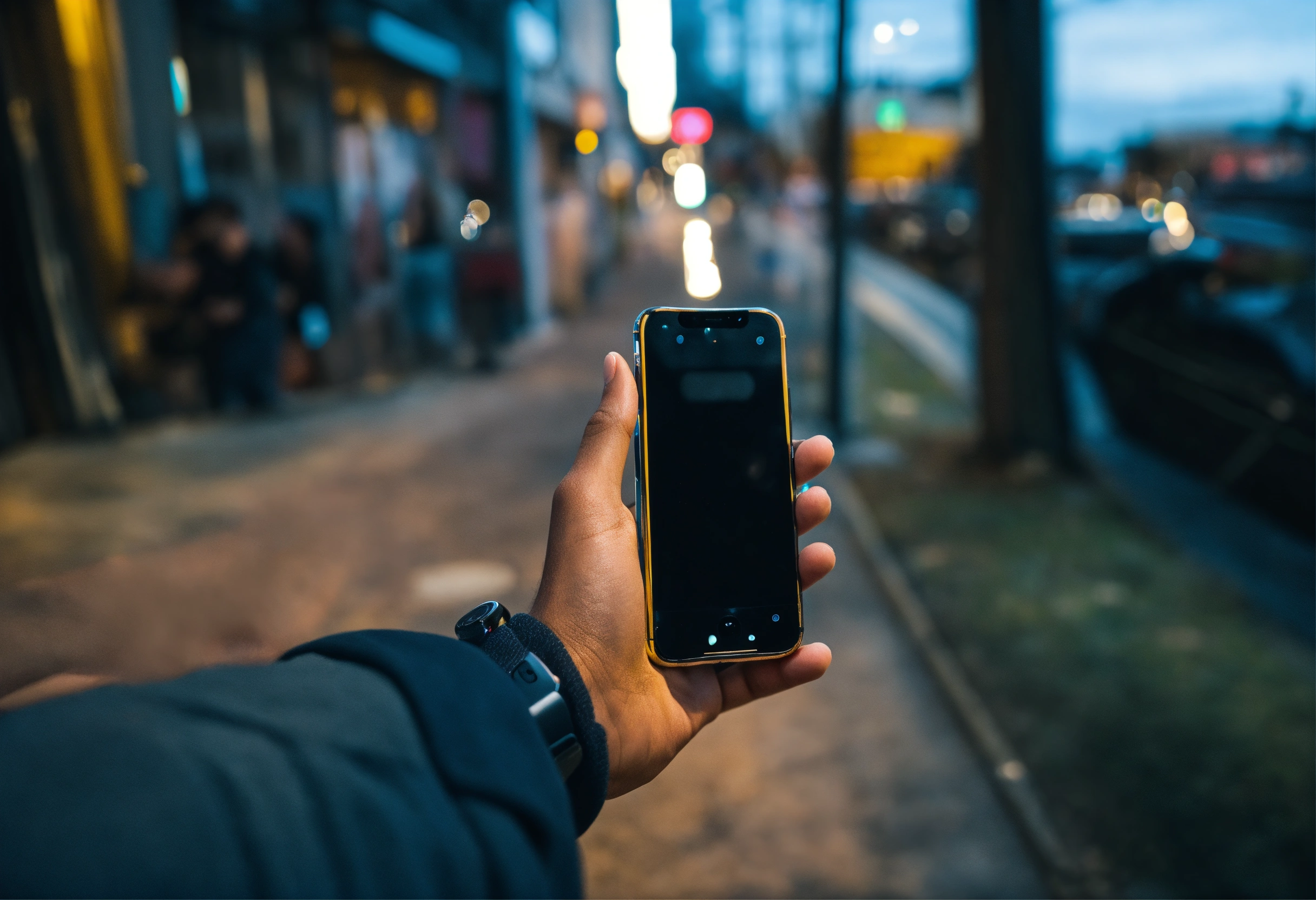 Lexica Man hand holding iphone one finger tap to phone pov