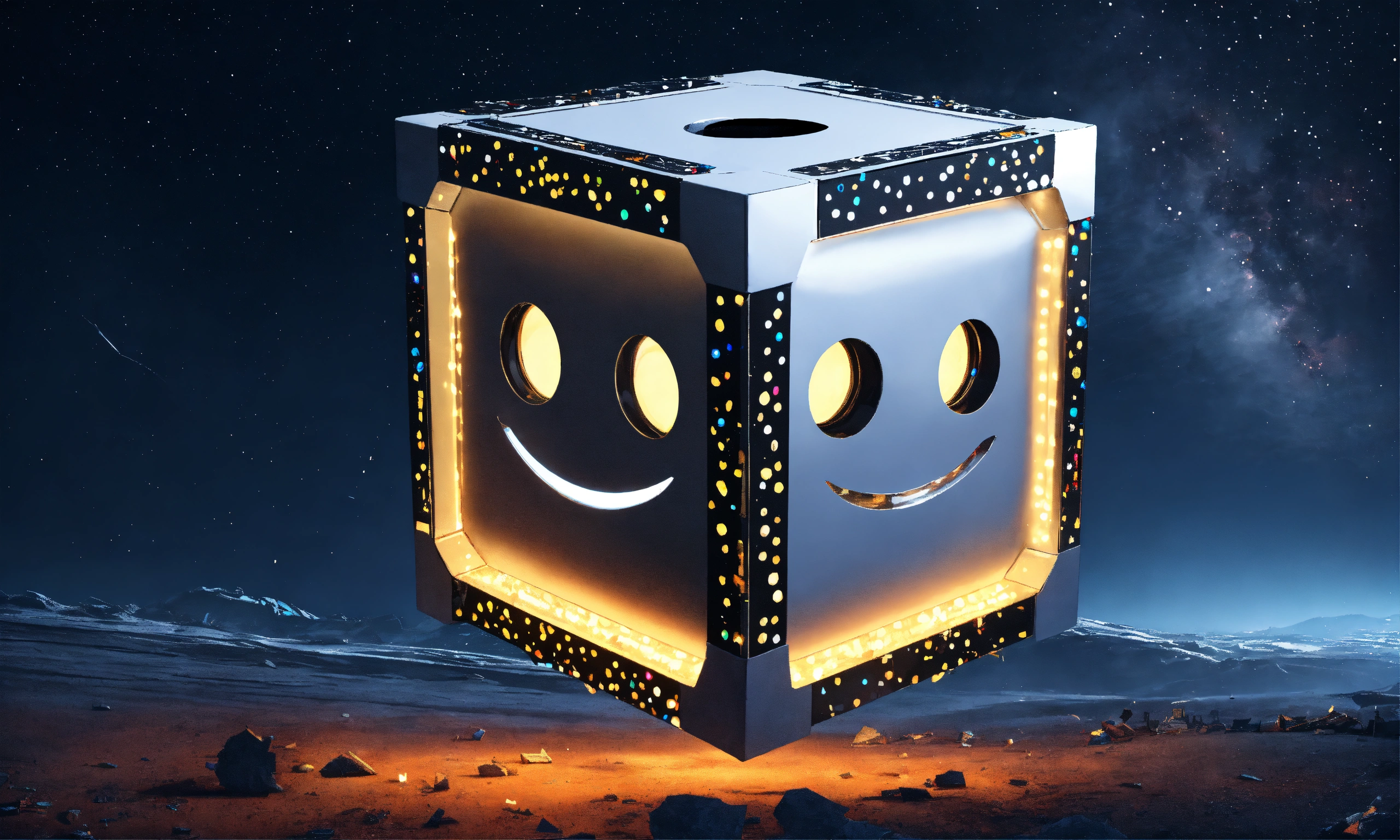 Lexica - Small flying floating cube thats sleek silver with 2 lights on ...