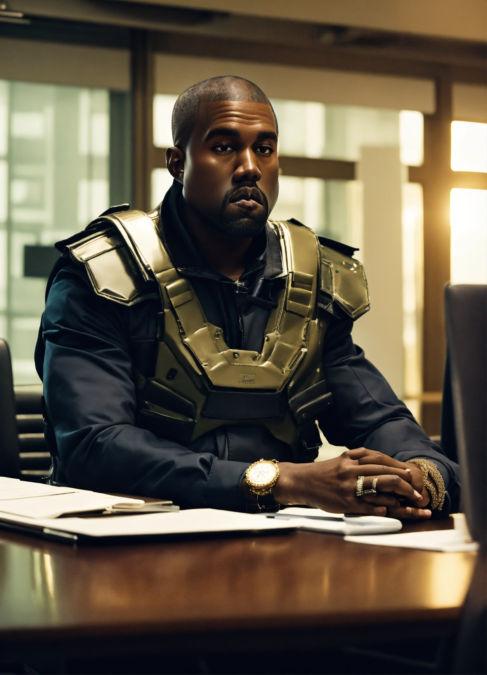 Lexica Futuristic Kanye West with bullet proof vest on in a business