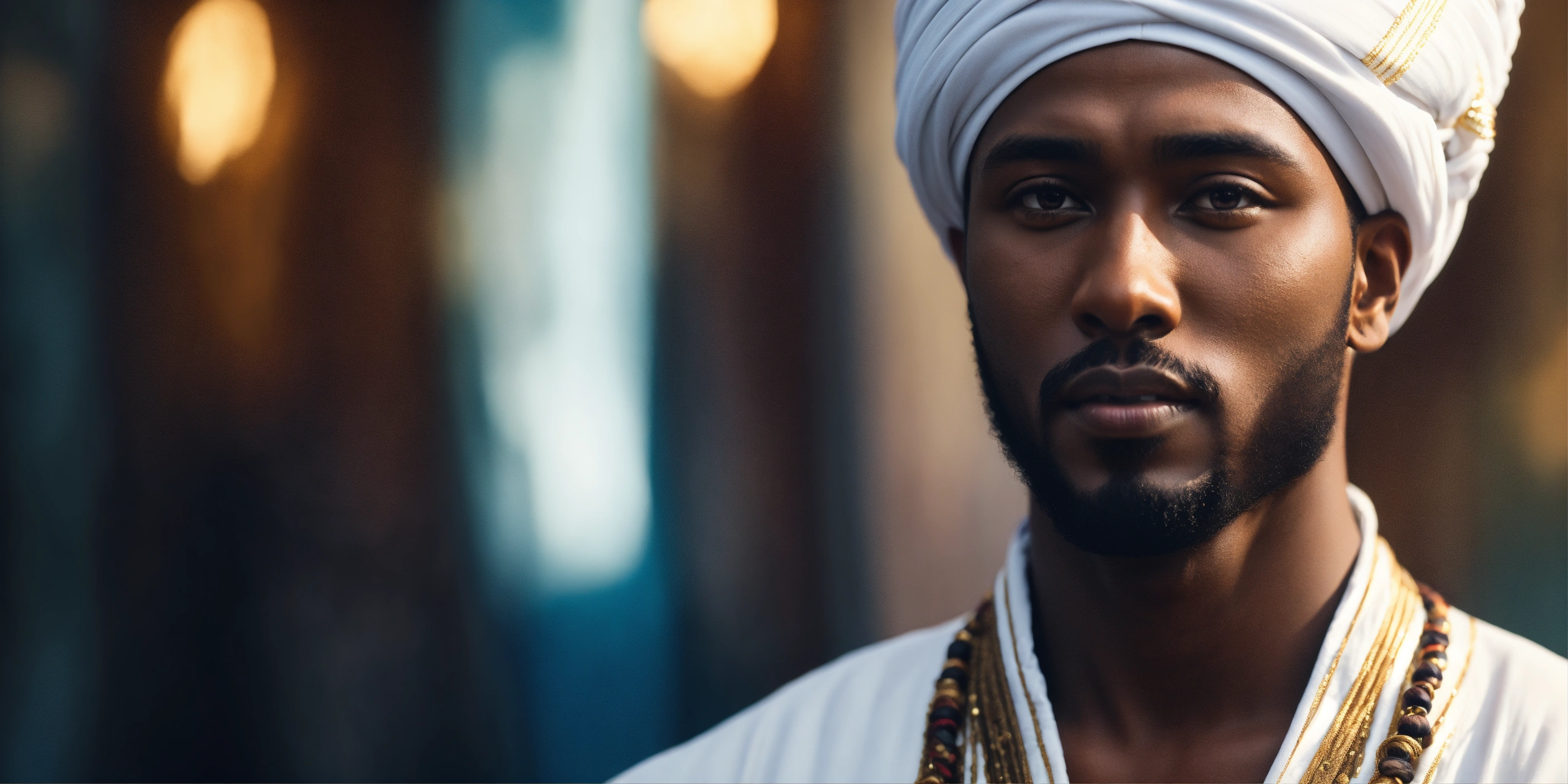 Lexica - Illustrate a handsome black Ethiopian man. The man is wearing a  white traditional Ethiopian garment with a Turban. His garments have blue  ...