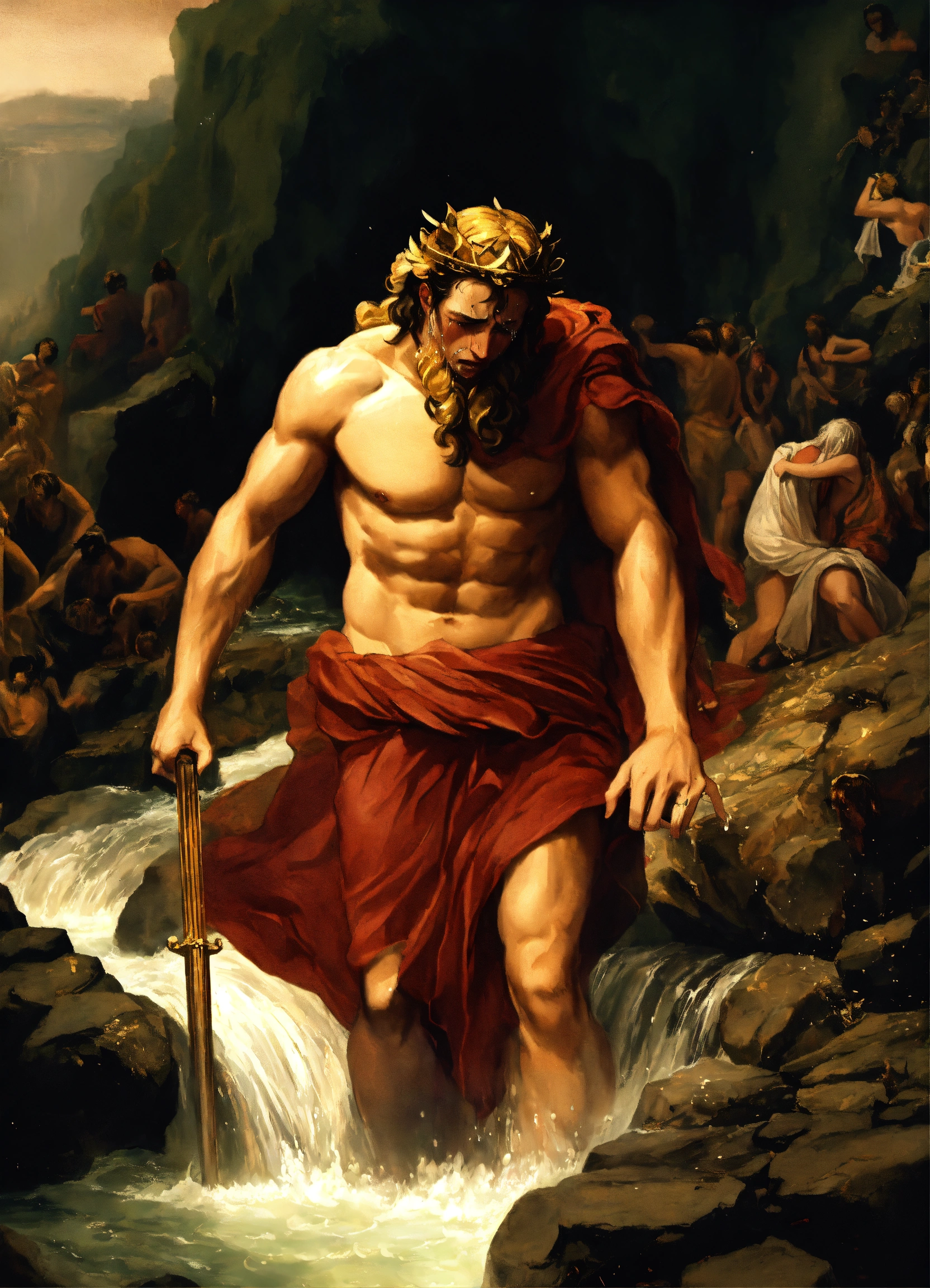 Lexica - Greek god crying, tears falling into a massive and scary river