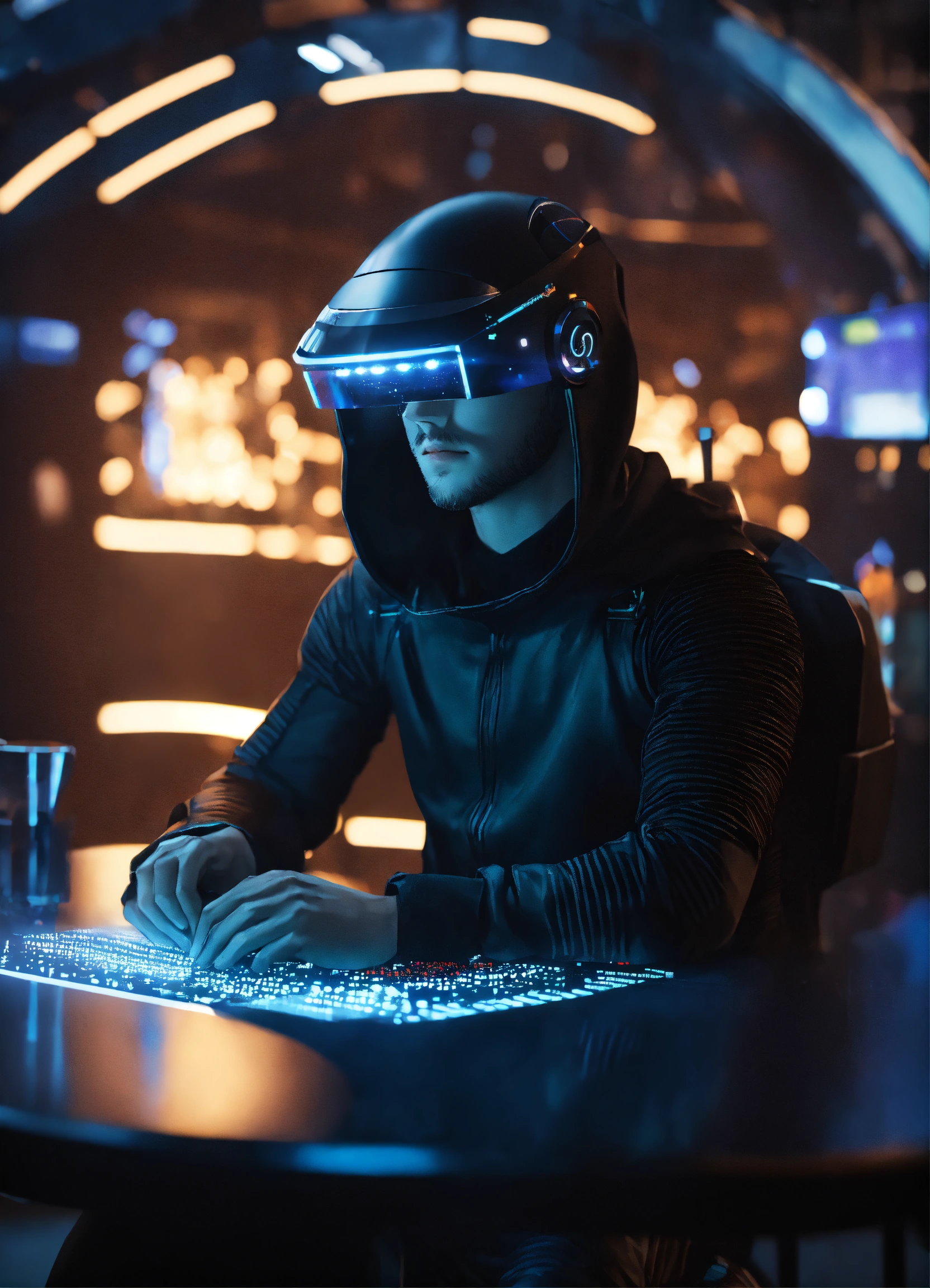 Lexica - Nerdy 25 year old male hacker wearing futuristic black ...