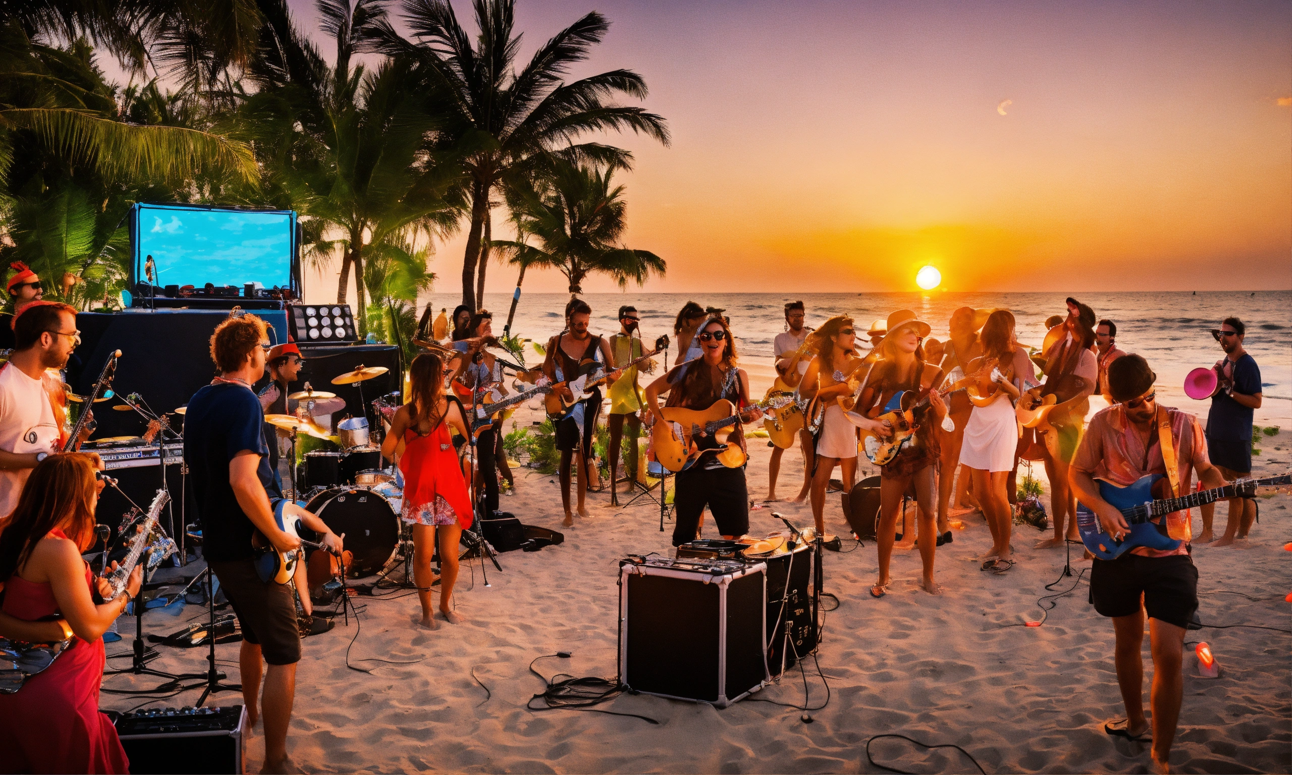 Lexica - Sunset party at beach with cool music band