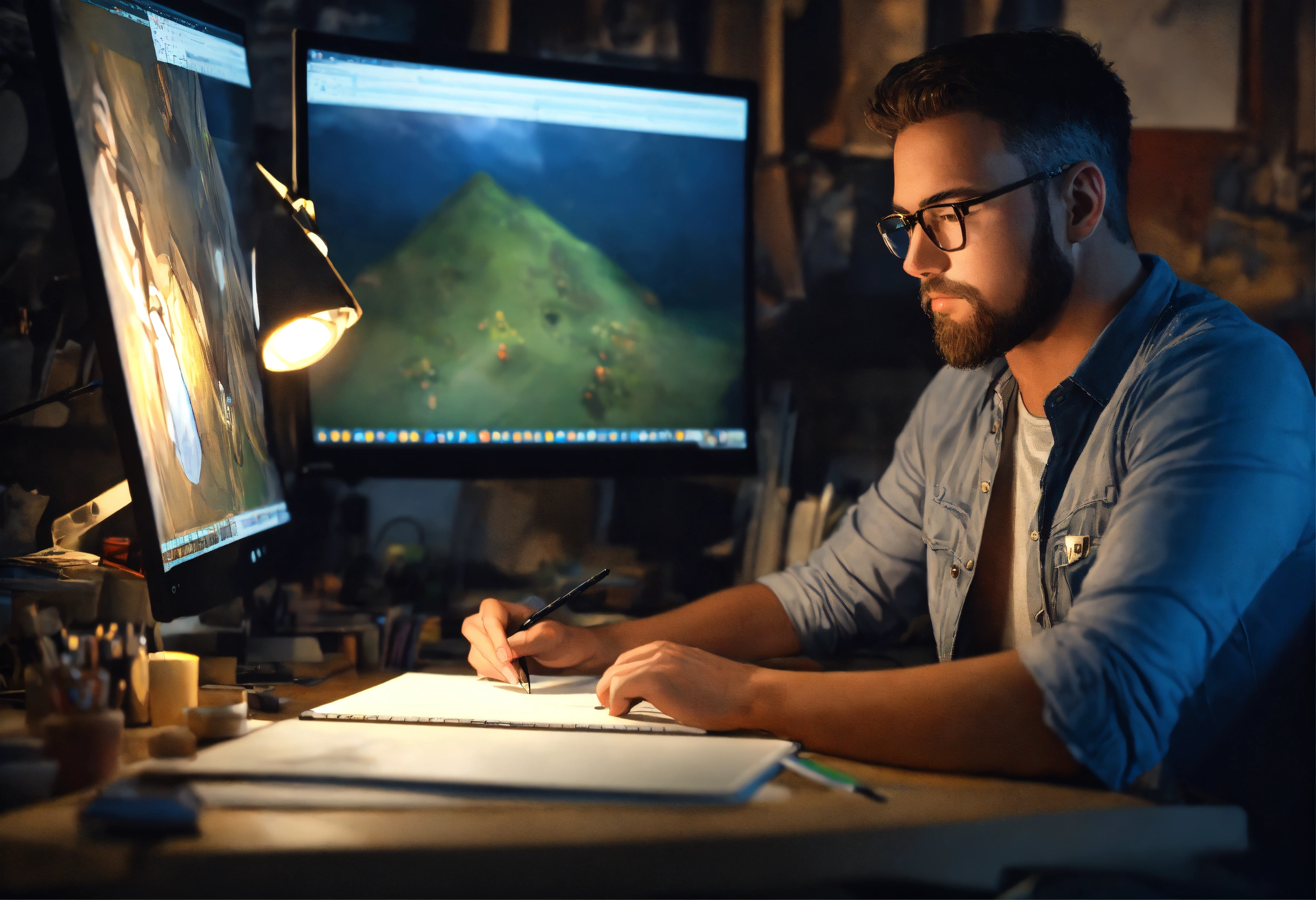Lexica - A handsome man - he is an illustrator. Sitting in his studio ...