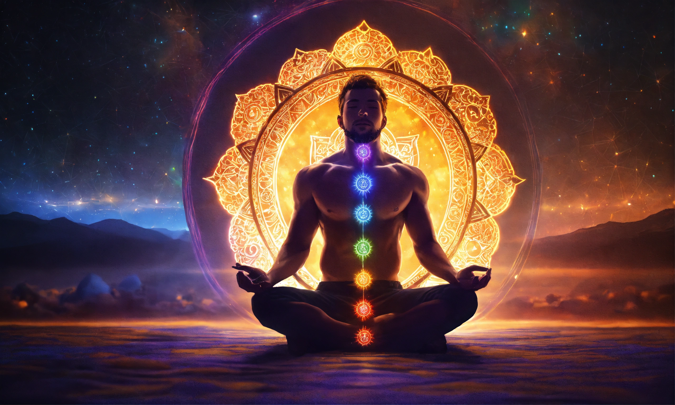 Lexica - Man sitting, chakras lit up, 4k, high resolution, photo quality