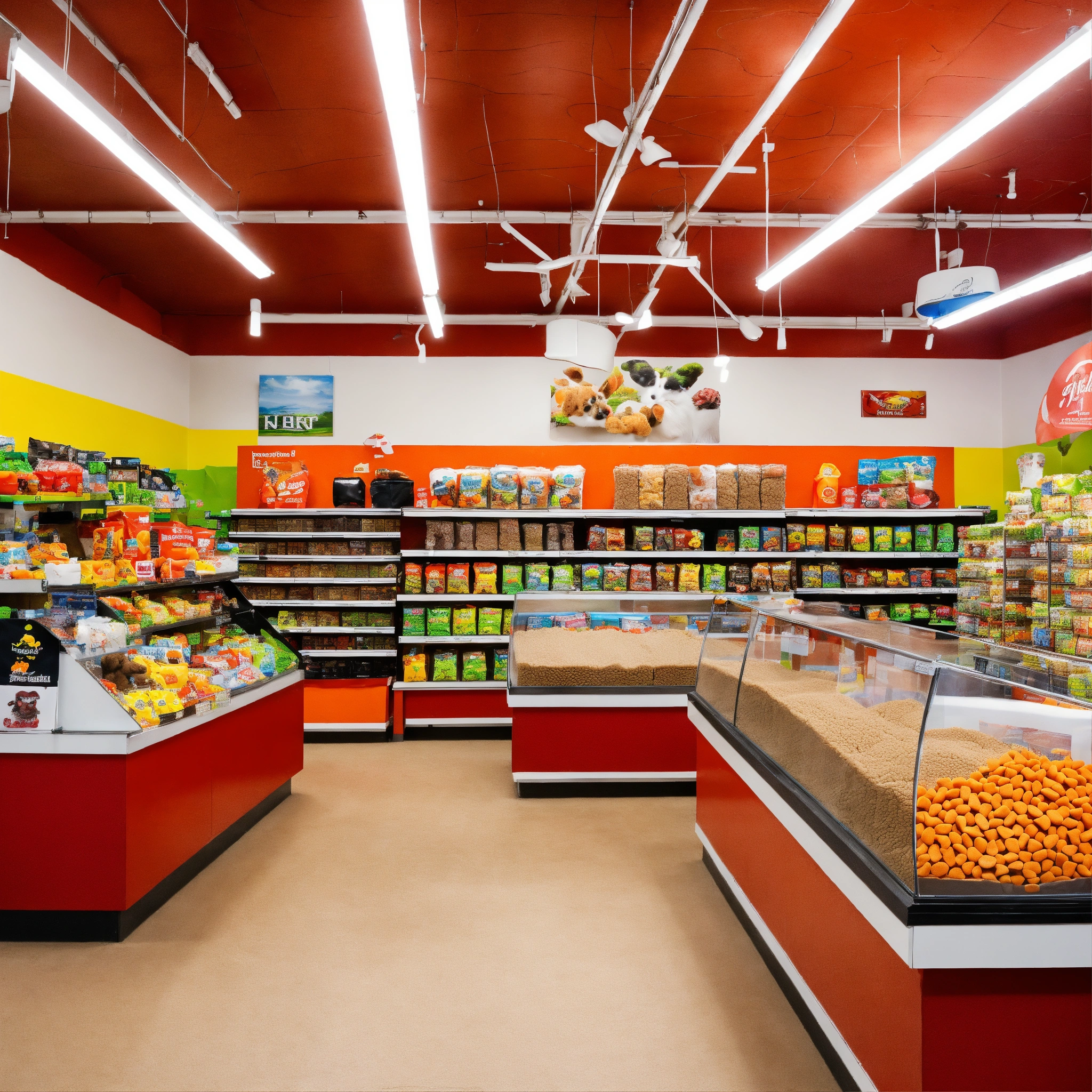 Lexica A photo of a pet food store. The store has a large selection