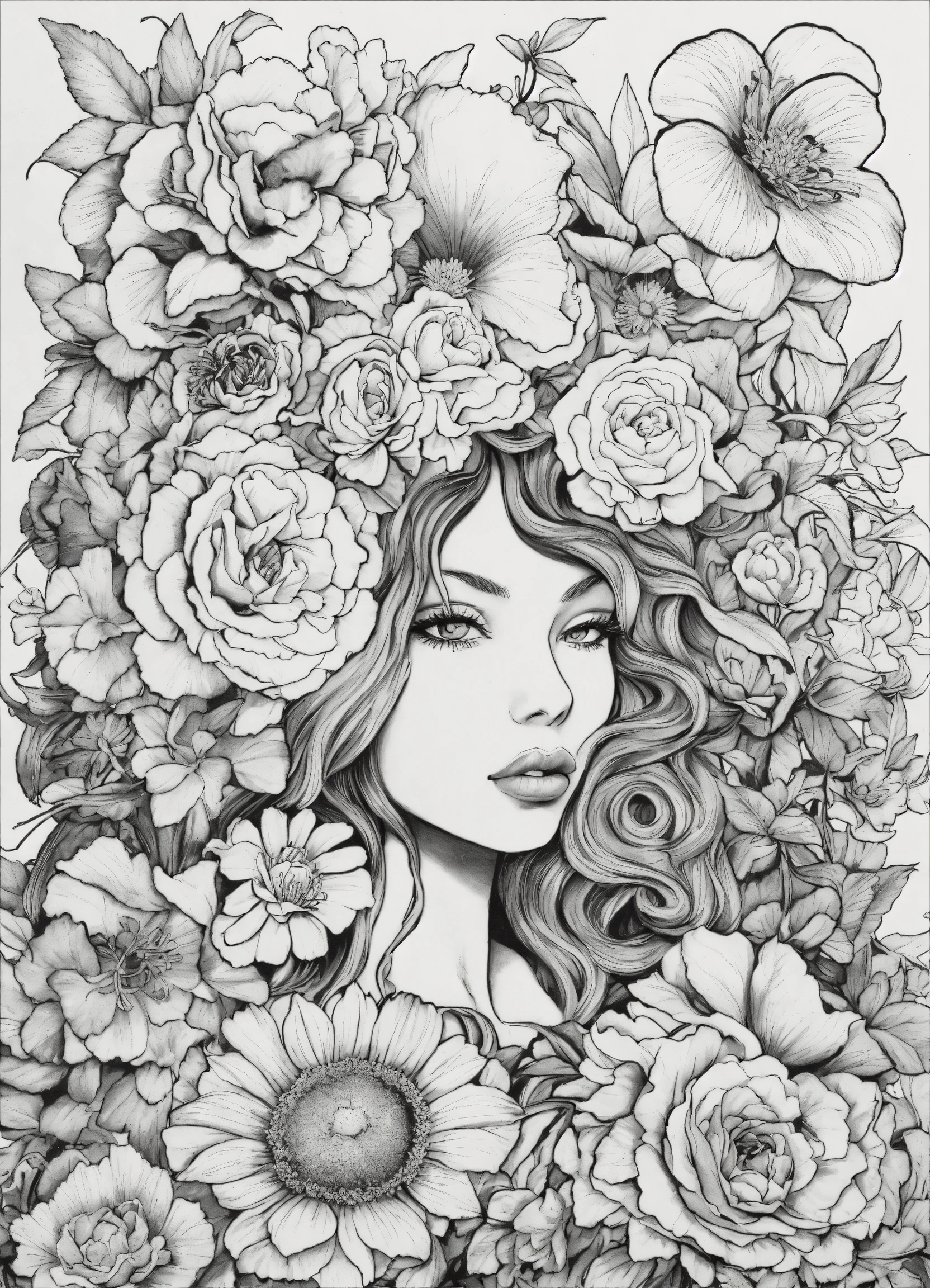 Lexica - Faces and flowers, Ed Roth, black and white, coloring book ...