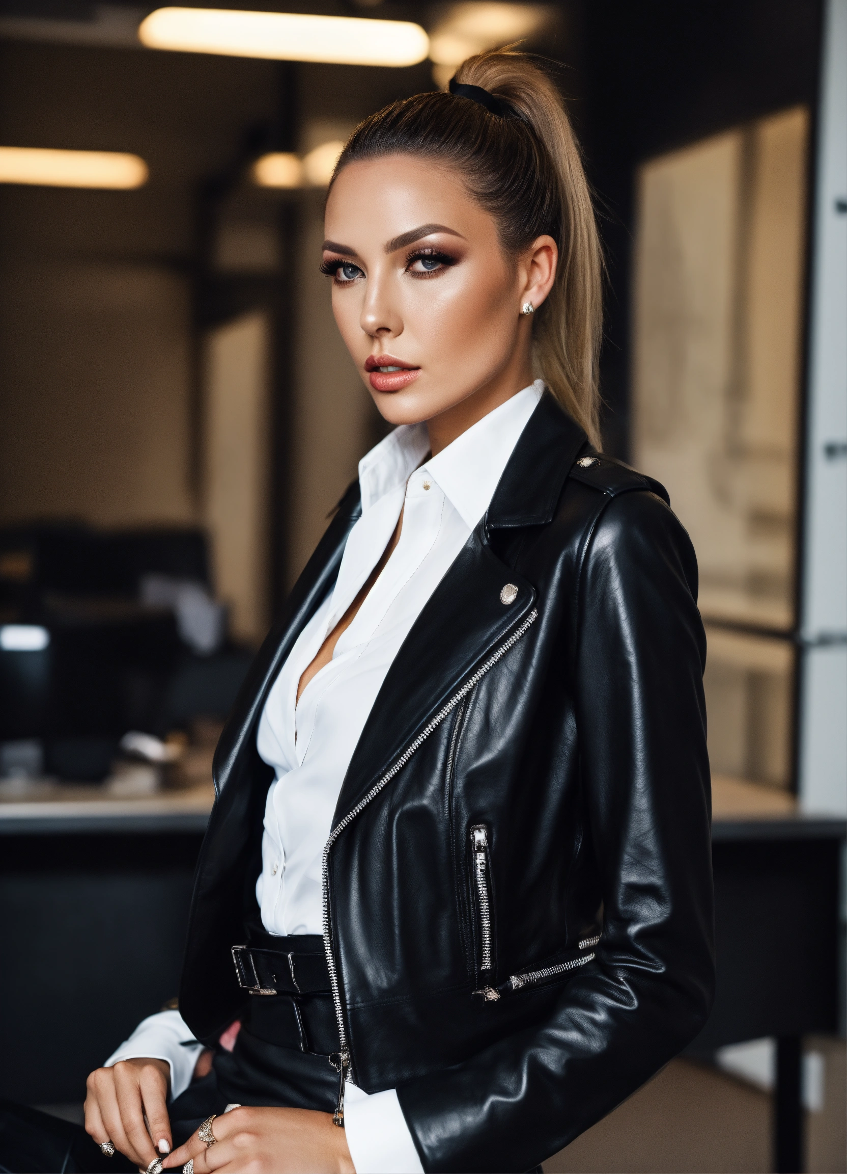 Lexica - British model, Distinctive face, full lips, lela star, wearing  business suit, black leather biker jacket and black leather skirt, white  shir...