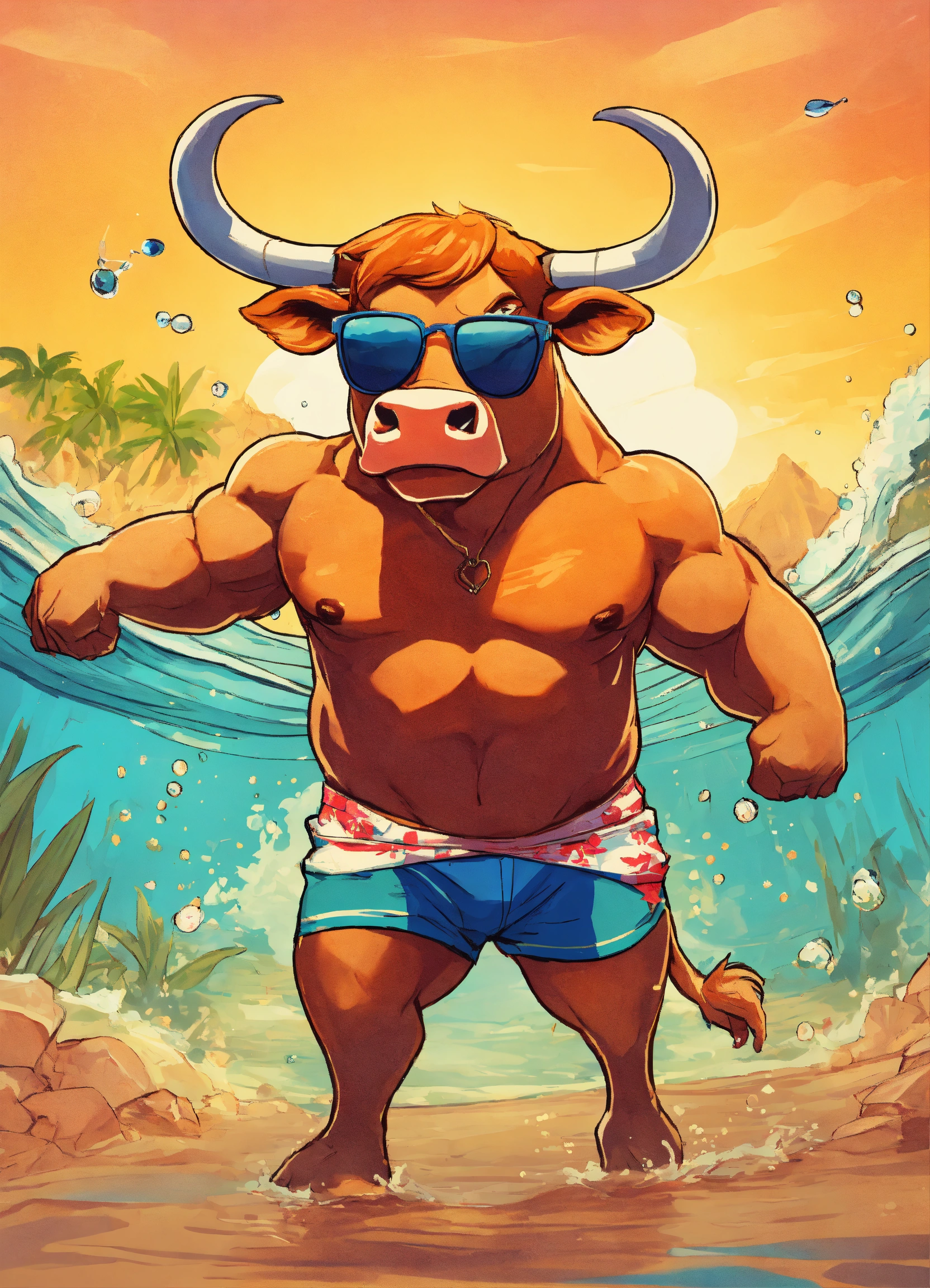 Lexica - A riped bull that flexes his arms up and wearing sunglasess ...